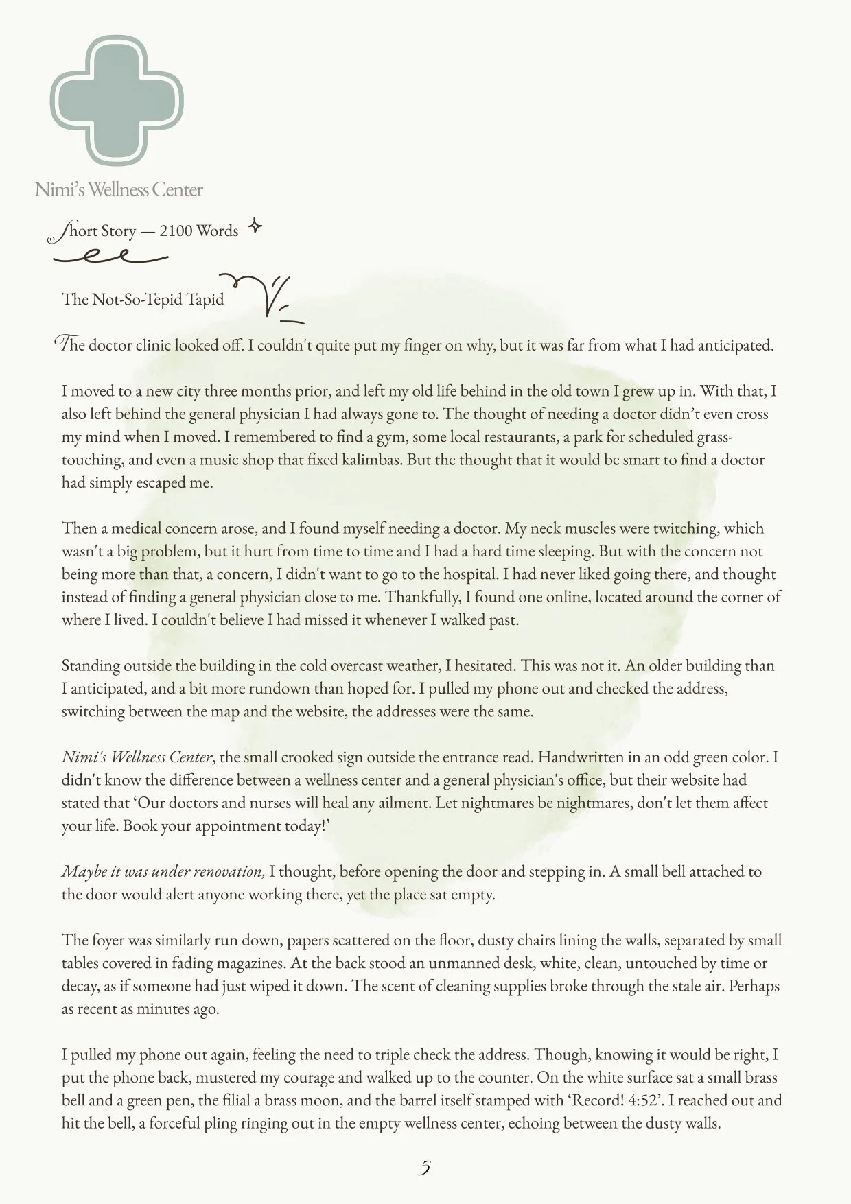 A page from Nimi's Wellness Center brochure or booklet, featuring a short story titled 'The Not-So-Tepid Tapid' about visiting a healthcare center, with text discussing the author's experience, the wellness center's sign, and details about the facili