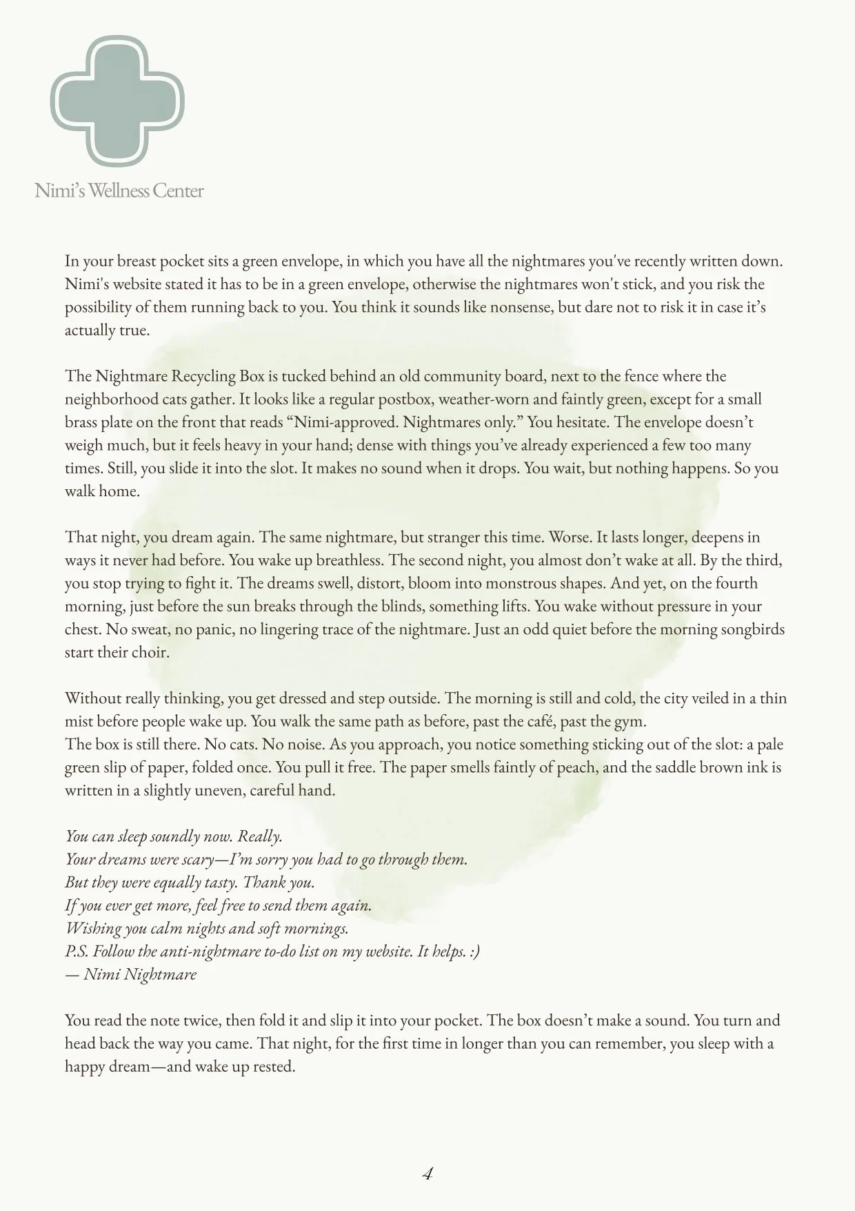 A wellness letter from Nimi's Wellness Center titled 'Nightmare Recycling Box' describing a fictional nightmare and the use of a green envelope for nightmares, detailing a calming morning routine with a story about a nightmare box.