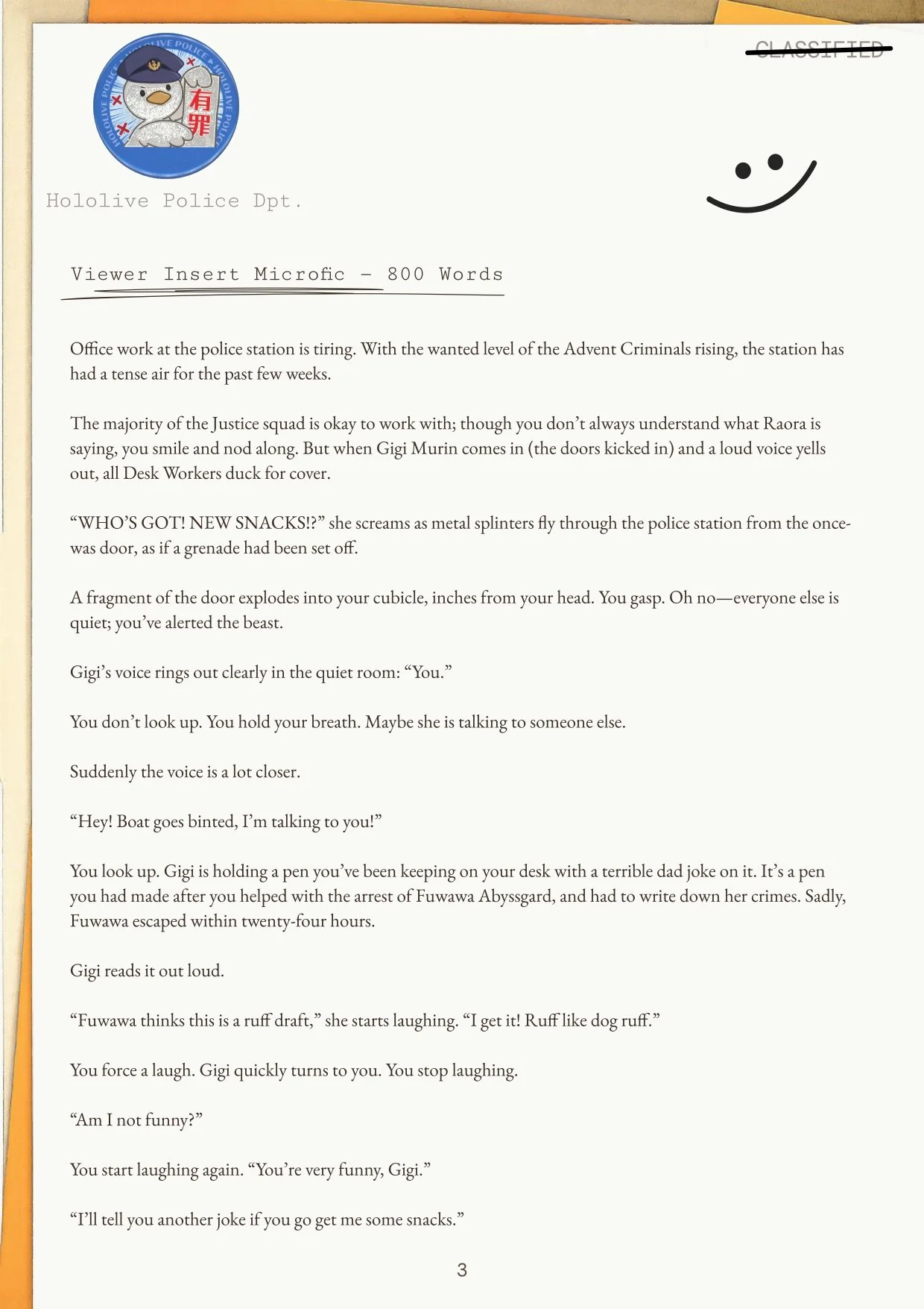 A digital document from the Hololive Police Department features a cartoon seal officer in a police hat with a badge, on a blue circular background. The document appears to be a humorous report or story with a smiley face drawing and the word 'Classif