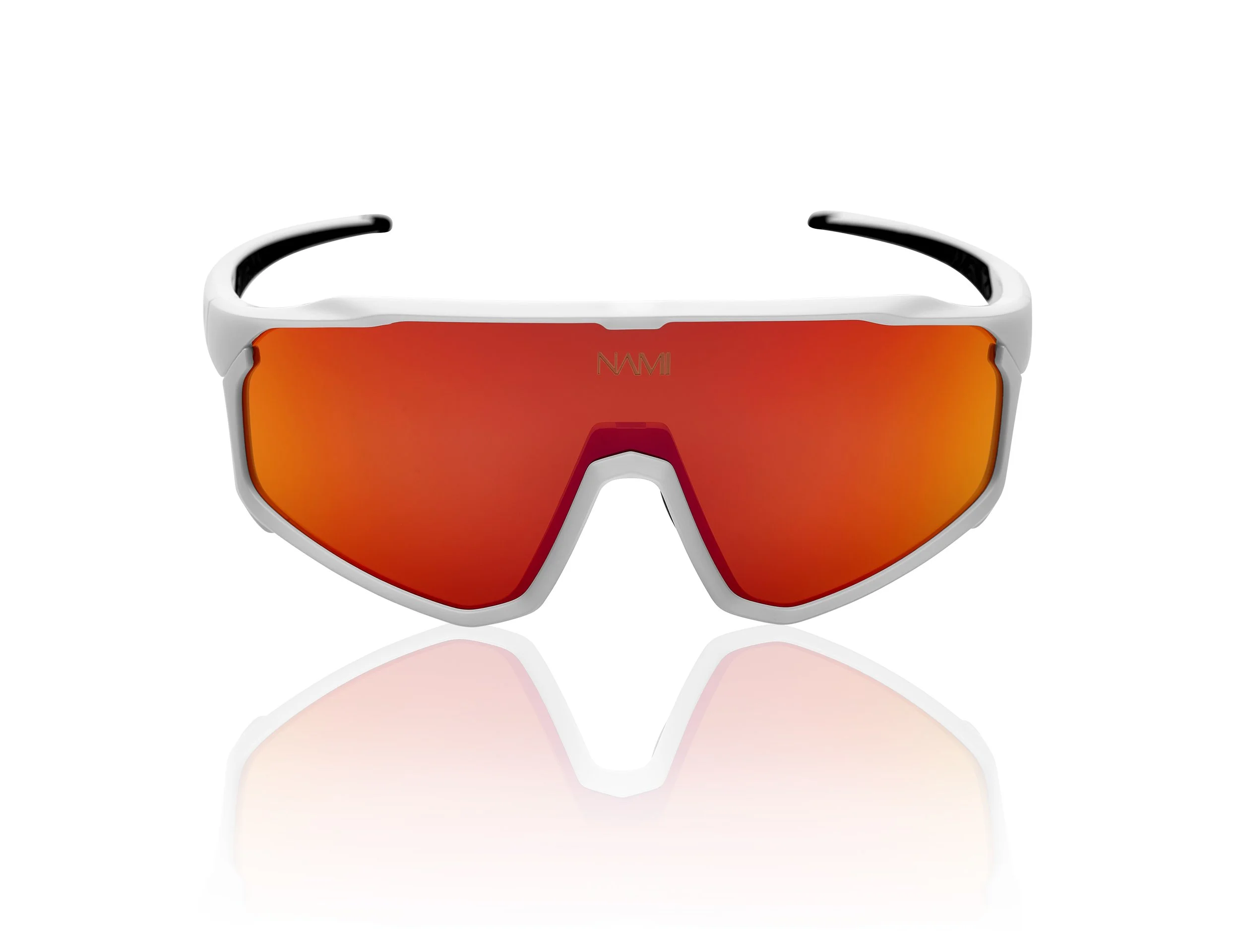 Sports sunglasses with orange mirrored lens and white frame.