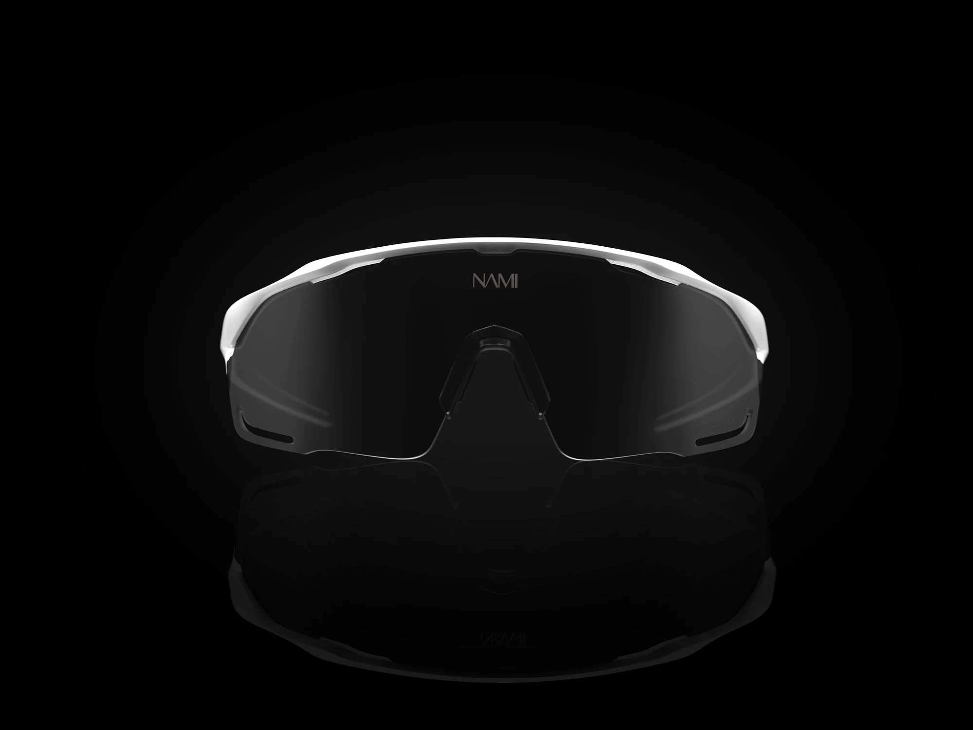 Black sports sunglasses with white accents and reflective lenses, displayed against a black background.