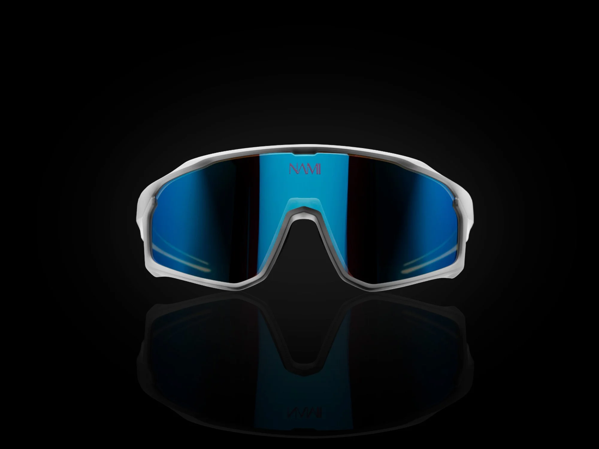 Sport sunglasses with a white frame, reflective blue lenses, and a black background.