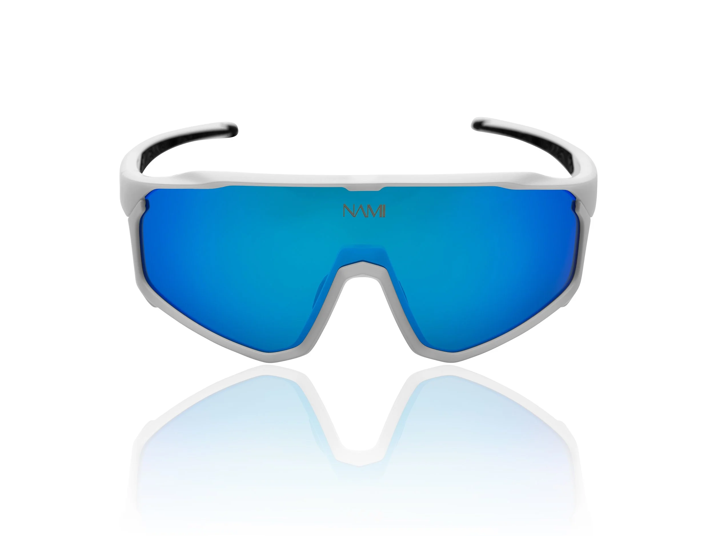 Pair of sports sunglasses with a white frame and blue mirrored lenses, reflected on a white surface.