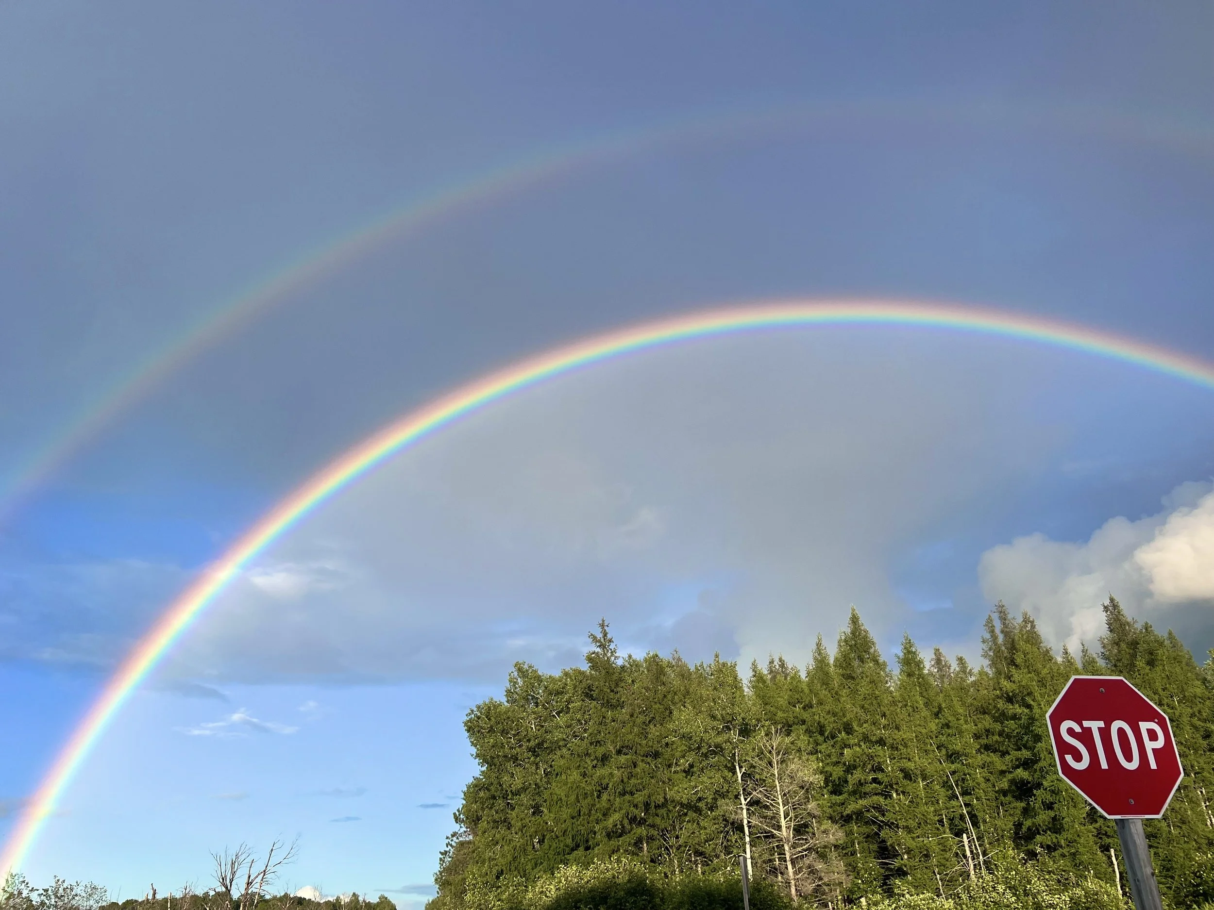 Two rainbows arch across the sky above a line of green trees and a stop sign in the foreground.