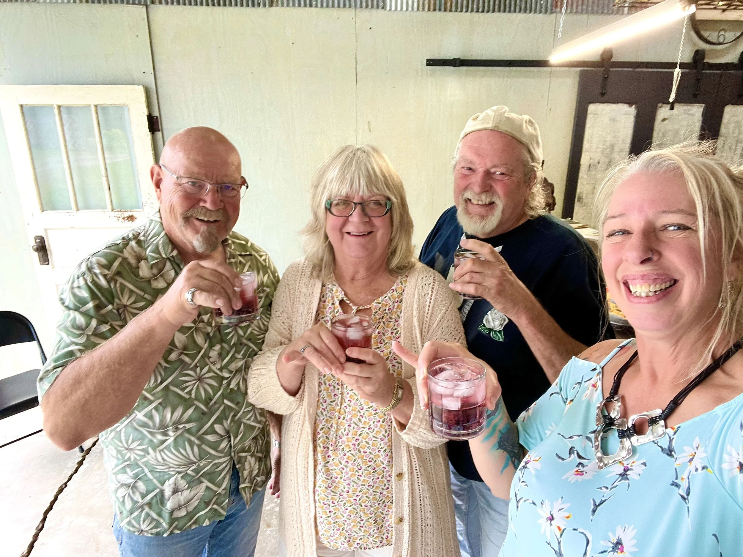 Four people smiling and toasting with drinks at a casual indoor gathering.