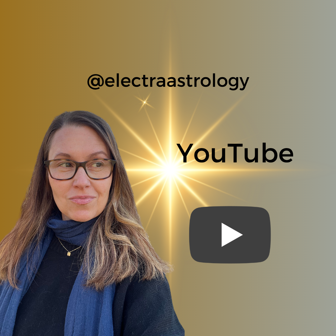 A woman with glasses and long hair, wearing a black top, blue scarf, and a gold necklace, standing against a yellow-to-gray gradient background with a bright starburst and the text '@electraastrology', 'YouTube', and a play button icon.