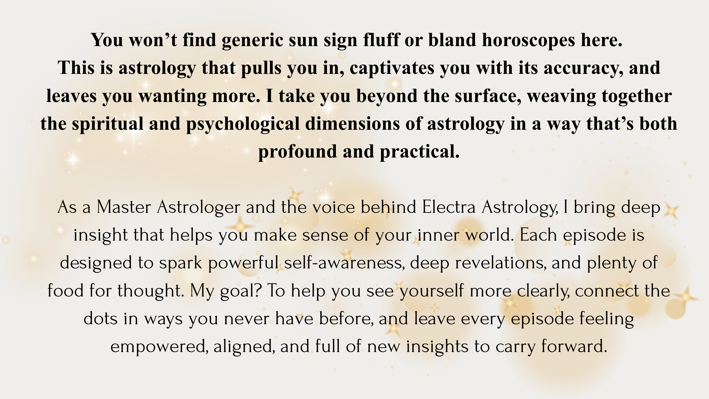 Inspirational quote about astrology, with a gold sparkles background and text emphasizing the depth of astrology over generic sun signs.