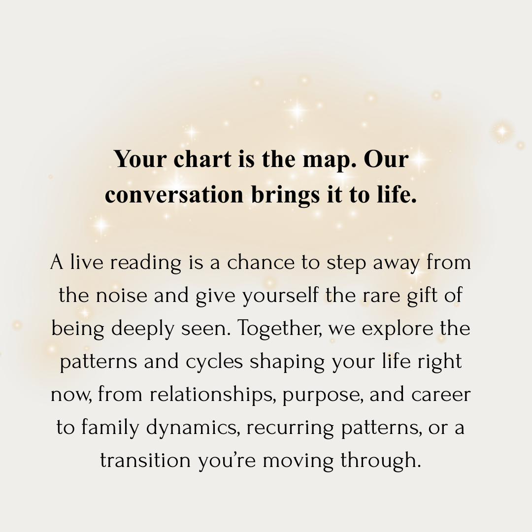 A motivational message about exploring patterns and cycles in life through conversation and live reading, with a soft, glowing background and sparkles.
