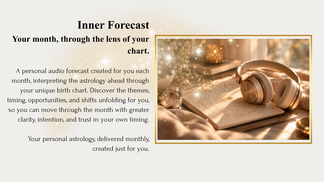 A promotional graphic for a personal astrology forecast service, featuring a photo of gold headphones, an astrology chart, and celestial-themed decorations, with text describing the service.