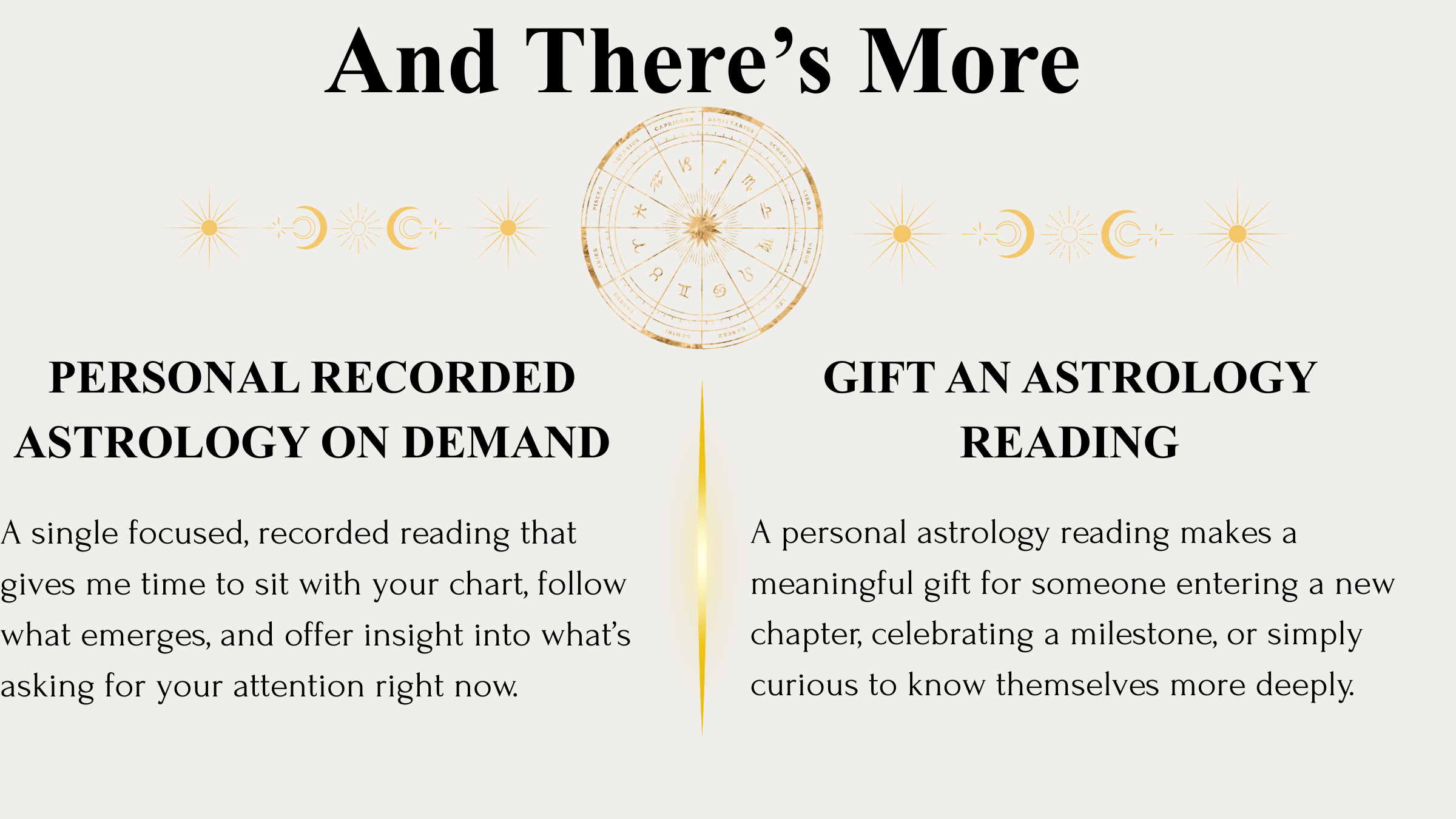 Image with a zodiac wheel at the center, surrounded by moon phases and stars, with bold headings 'Personal Recorded Astrology on Demand' and 'Gift an Astrology Reading', and descriptive text about astrology readings.