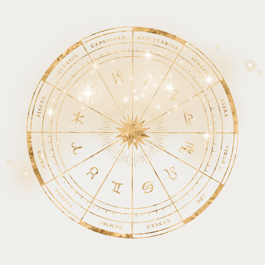 A zodiac wheel with gold accents displaying the twelve astrological signs, arranged in a circular pattern against a light background with a subtle glow.