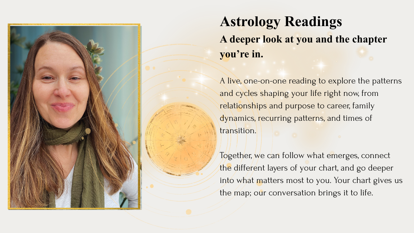 A woman with long brown hair wearing a green scarf and a light shirt, smiling, and framed in a gold border. The background has a logo of an astrology chart and a text describing astrology readings and personal growth.