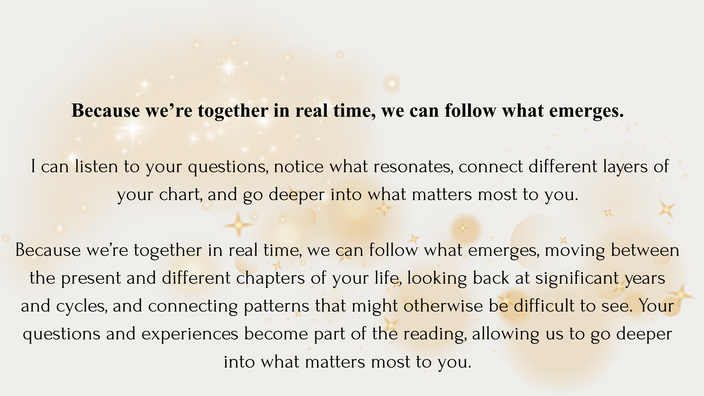 Motivational quote about being together in real time and understanding what matters, with a soft background of gold sparkles and light effects.