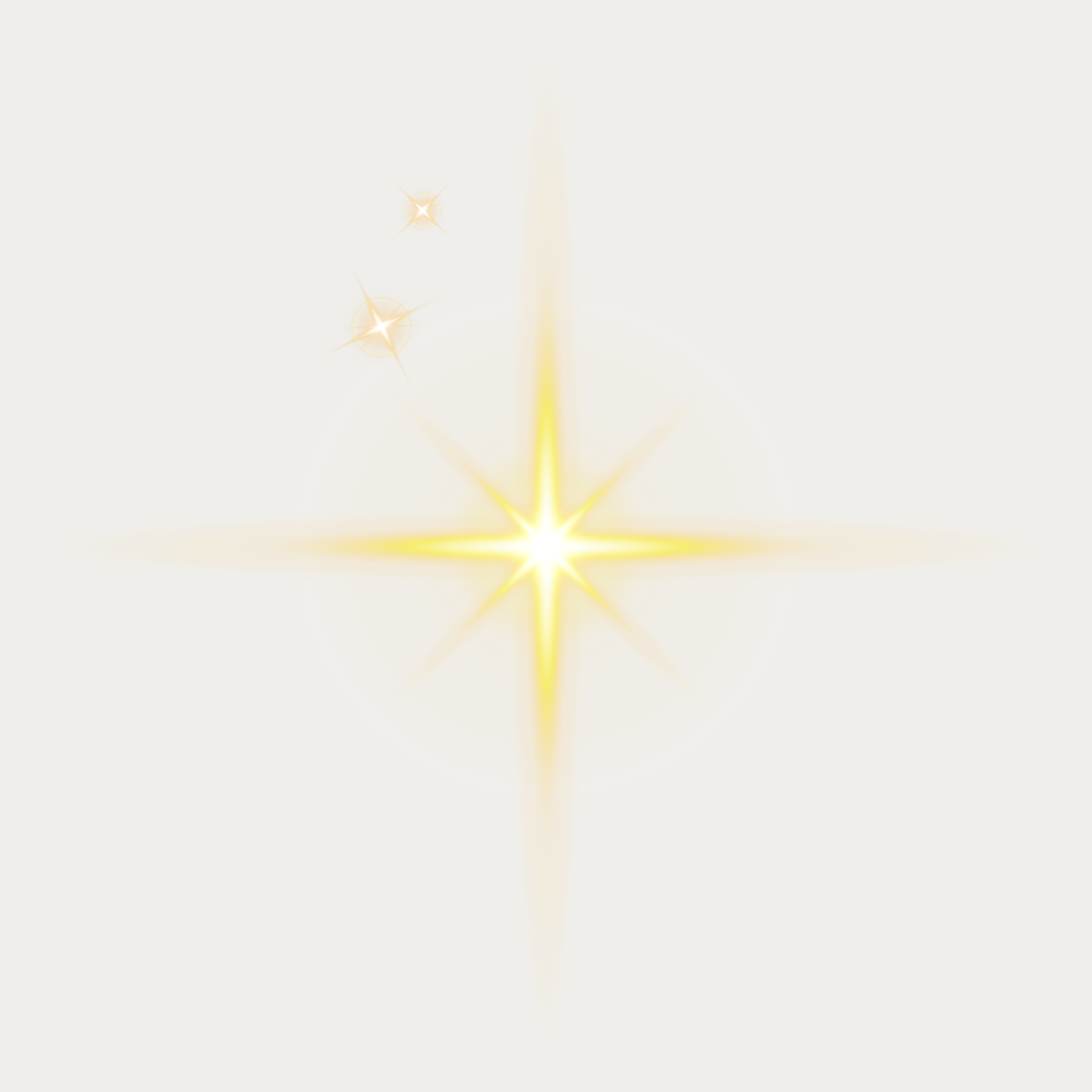 A bright yellow beam of light pointing downward with star-like bokeh effects surrounding it, set against a light gray background.