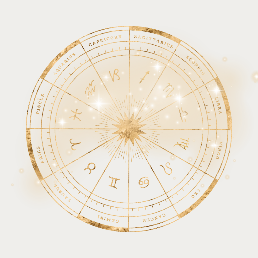 A gold-colored zodiac wheel with symbols of astrological signs on a light background.