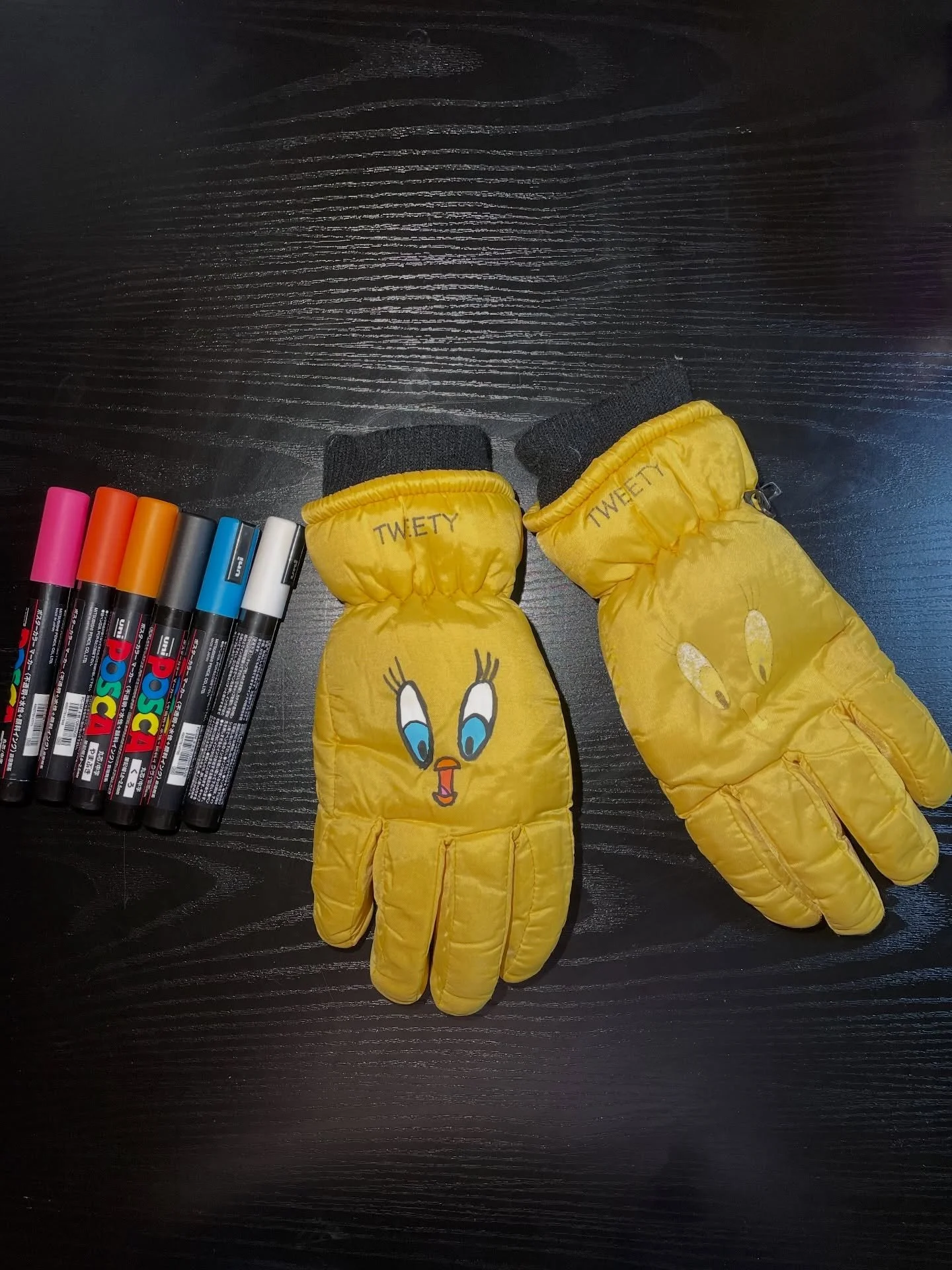 Imperfectly reviving a sentimental and still functional pair of gloves. I didn&rsquo;t want to throw these heavily worn gloves away yet so I repainted them. They are sisters, not twins. And I can easily live with that. 
I won&rsquo;t let perfectionis