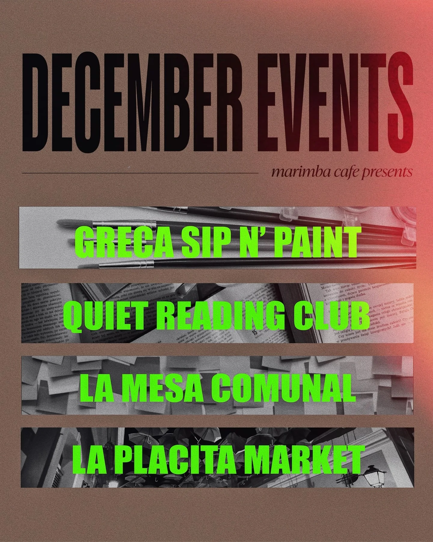 Hola December! More events. More comunidad. More cafecito. We&rsquo;ve got a full month of gatherings to keep you warm, inspired, and connected. Mark your calendars and tell a friend. Los esperamos este mes! ⁣
⁣
⁣
QUIET READING CLUB⁣ 📚 
December 11t