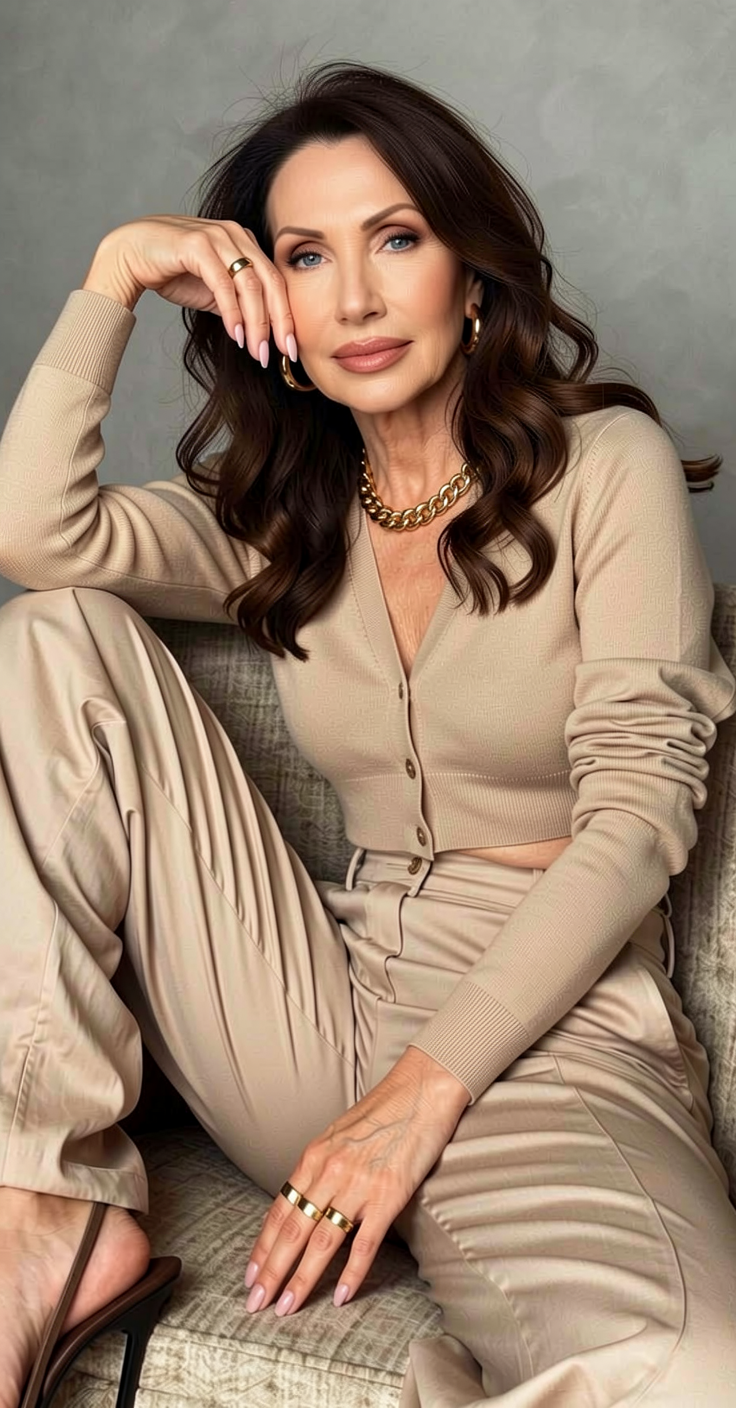 A Jana Short, wearing a beige cropped cardigan with buttons, beige high-waisted pants, gold jewelry including a chunky chain necklace, hoop earrings, and rings, sitting on a sofa against a gray background.