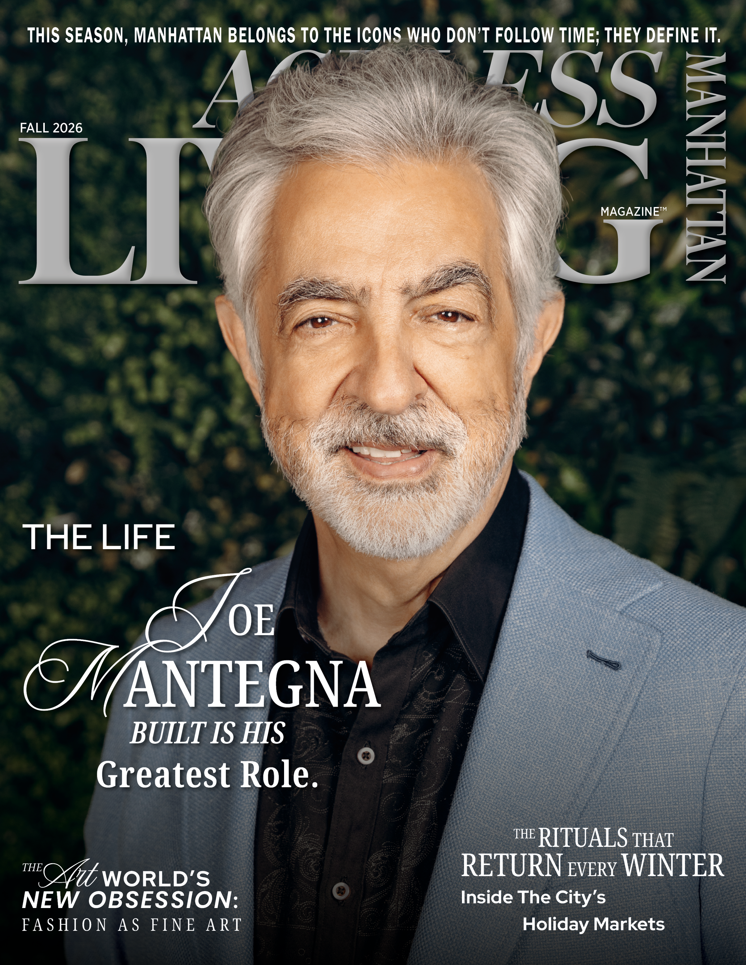 Ageless Living Manhattan magazine Fall 2026 cover featuring Joe Mantegna in a blue blazer and black shirt, smiling. Text overlays include phrases about Manhattan, art, lifestyle, and winter holiday markets.