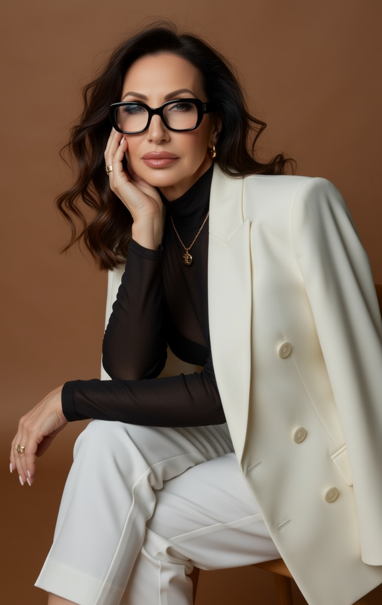 A jana short, wearing black glasses, gold jewelry, a black turtleneck, and white blazer, seated against a brown background.