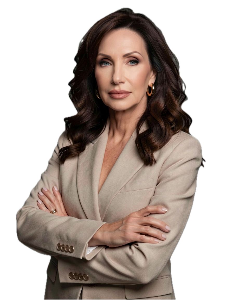 Jana Short, wearing a beige blazer and jewelry, stands with her arms crossed against a transparent background.