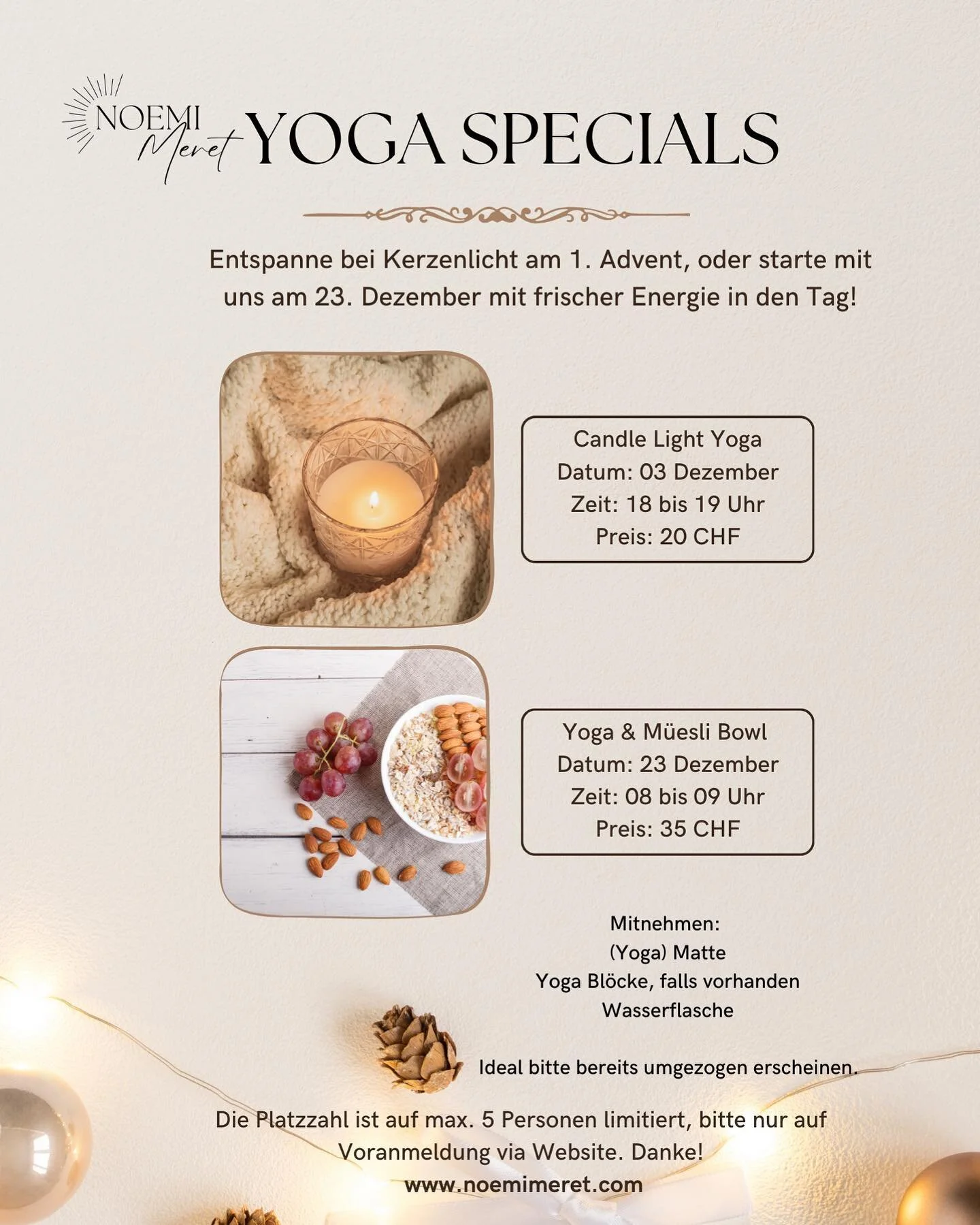 Geniess die besinnliche Zeit mit gem&uuml;tlichem Wohlf&uuml;l-Yoga im Caf&eacute; Bees &amp; Birds (Neuweilerstr. 102, Basel). ✨

Finde Deine innere Ruhe inmitten des festlichen Trubels.✨

Roll Deine Matte aus f&uuml;r eine Zeit der Achtsamkeit und 