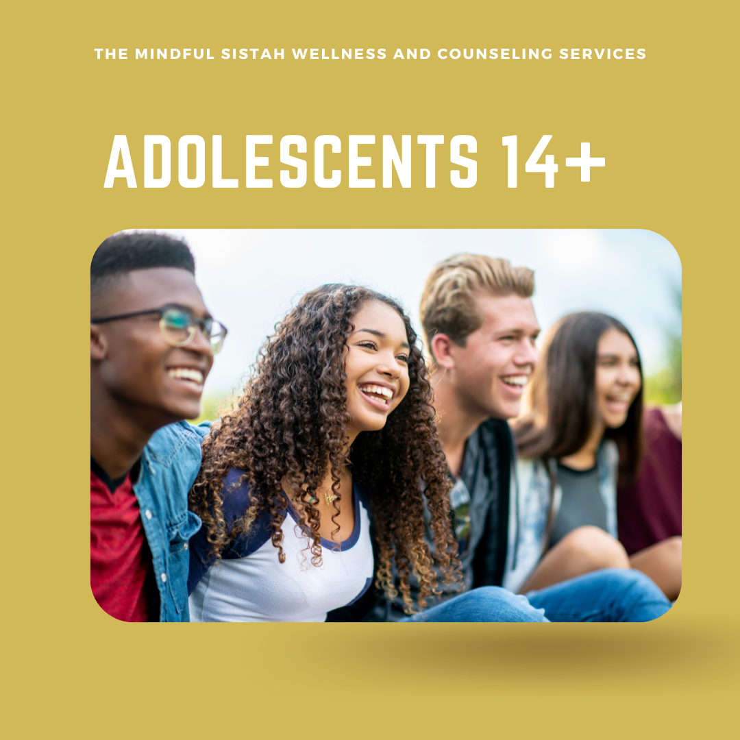 Promotional flyer for adolescent wellness and counseling services, featuring a diverse group of smiling teenagers outdoors.