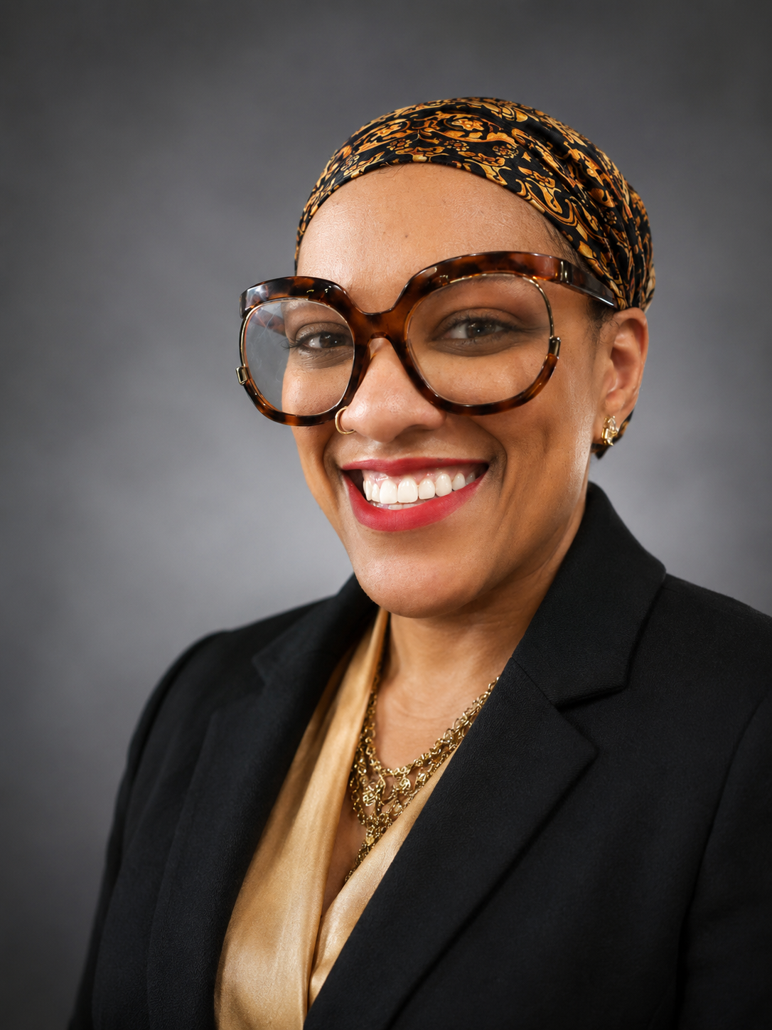 Portrait of a smiling woman wearing oversized tortoiseshell glasses, a black blazer, a patterned headscarf, gold jewelry, and a beige satin blouse against a gray background.