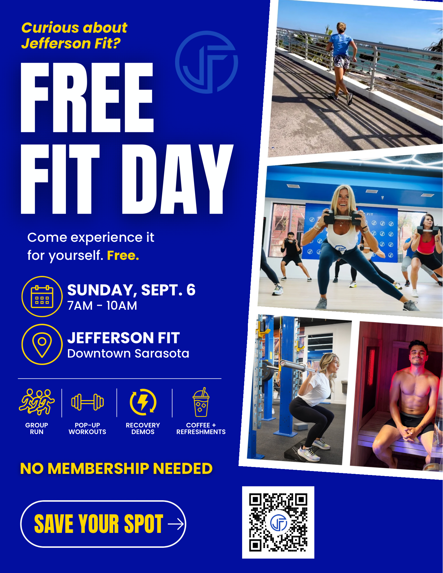 FREE FIT DAY at Jefferson Fit in downtown Sarasota on September 6 from 7–10 a.m., featuring a group run, pop-up workouts, recovery demos, coffee and refreshments.