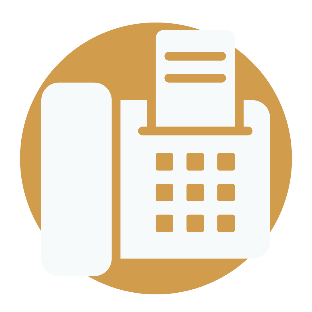 Icon of a landline telephone with a keypad and a paper receipt, set against a circular brown background.