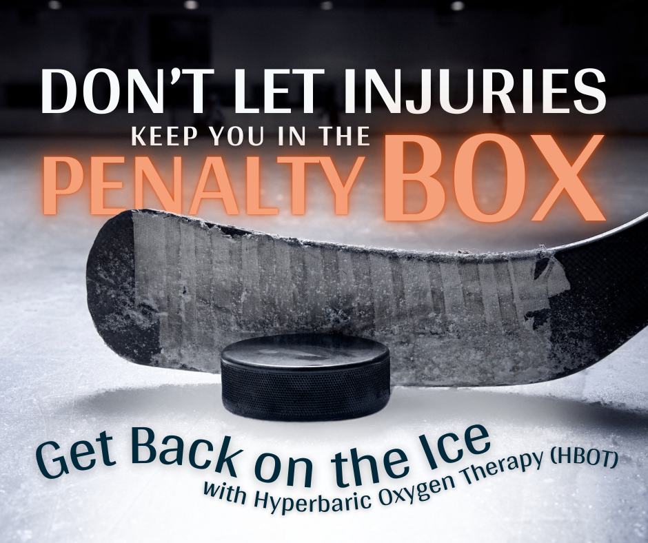 Hockey puck and stick on ice, promoting hyperbaric oxygen therapy for injuries.