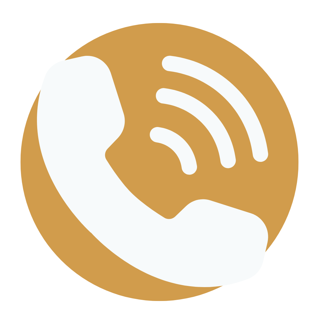 Icon of a white telephone handset with three curved lines indicating sound or signal, on a brown circular background.