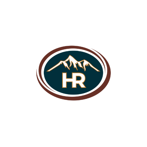 Outdoor logo with mountains and the letters "HR" inside a dark blue circle, outlined in brown.