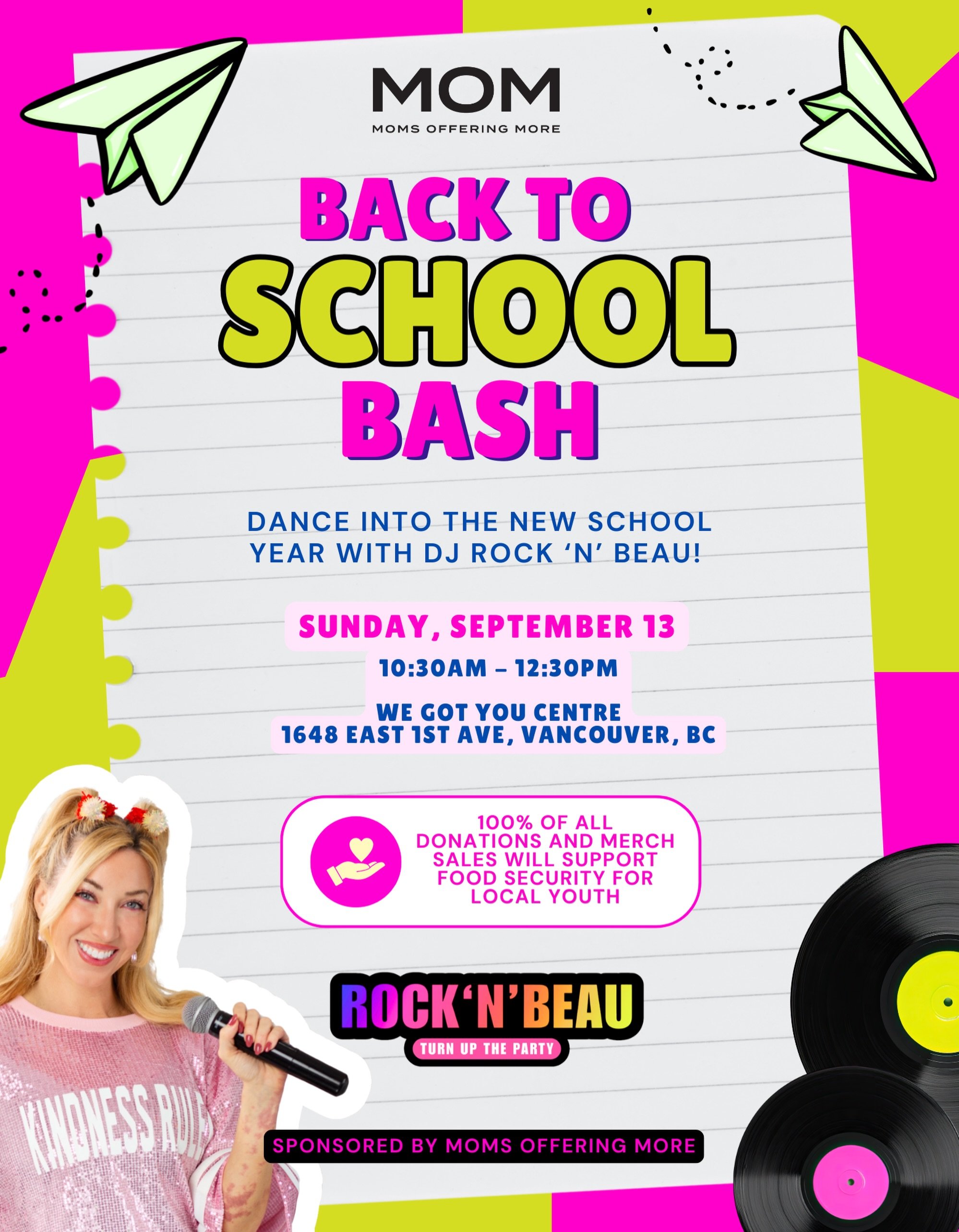 🎒💖 MARK YOUR CALENDARS! 💖🎒

Join us Sunday, September 13th for our MOM Back to School Bash with DJ Rock &rsquo;N&rsquo; Beau! 🎶

✨ Come dance, celebrate the new school year, and support an incredible cause.

📍 We Got You Centre, Vancouver
⏰ 10: