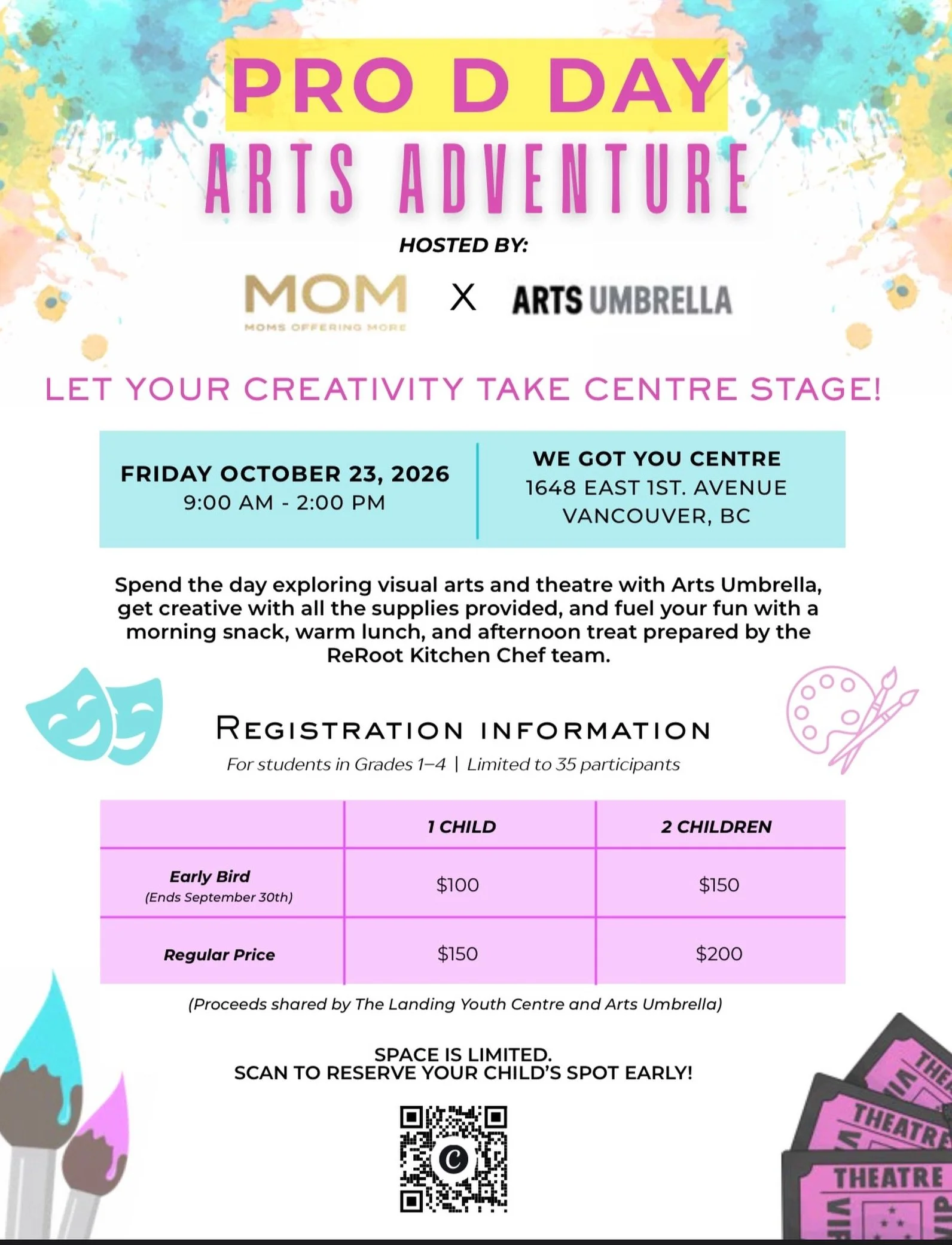 🎨 PRO-D DAY ARTS ADVENTURE! 🎭

Join MOM x Arts Umbrella for a day filled with creativity, imagination, and fun! Kids in Grades 1&ndash;4 will spend the day exploring visual arts and theatre, with all supplies provided &mdash; plus a morning snack, 
