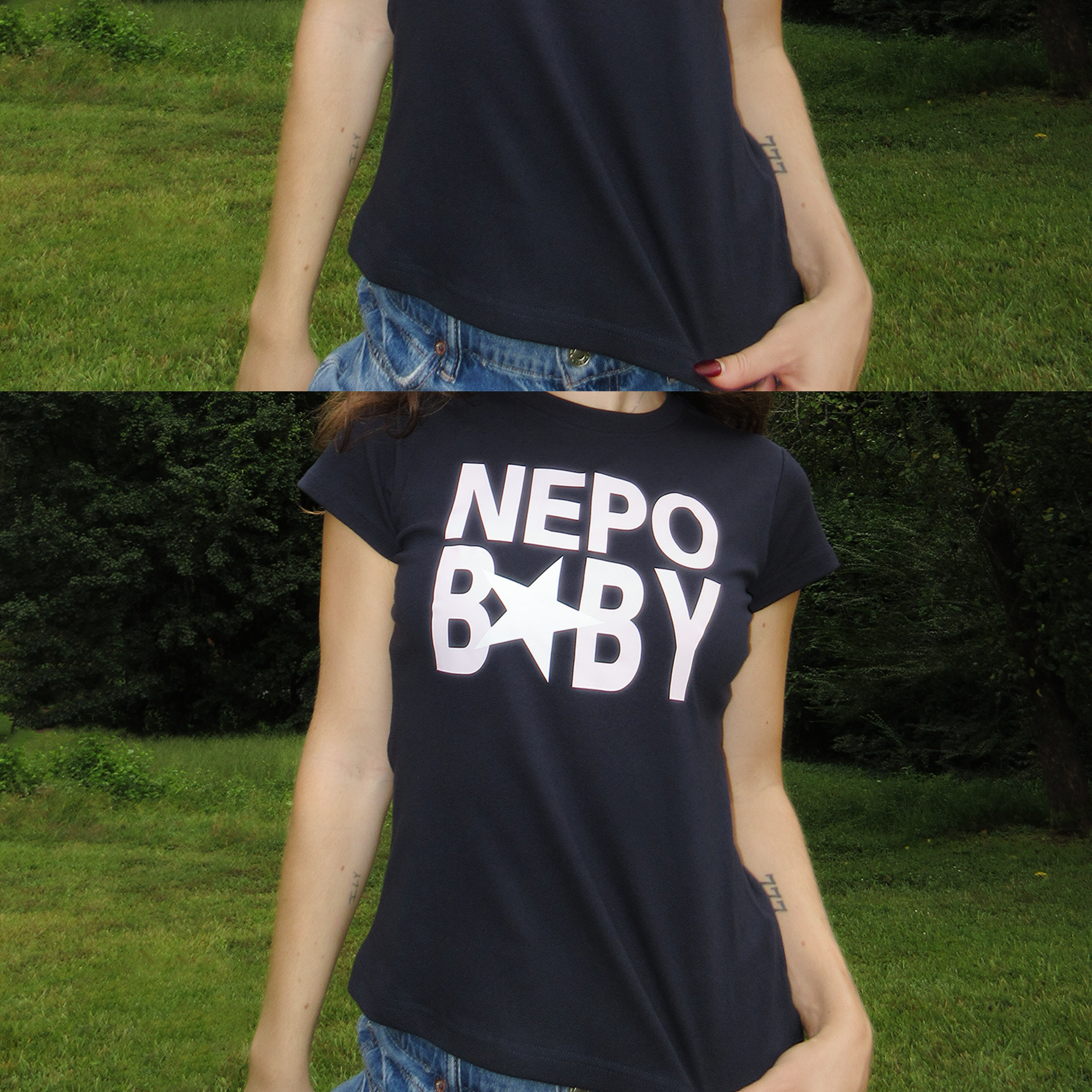 Short sleeve Christian baby tee, slim-fit in navy blue with a bold nepo baby design. My Father's Business, Christian aesthetic streetwear