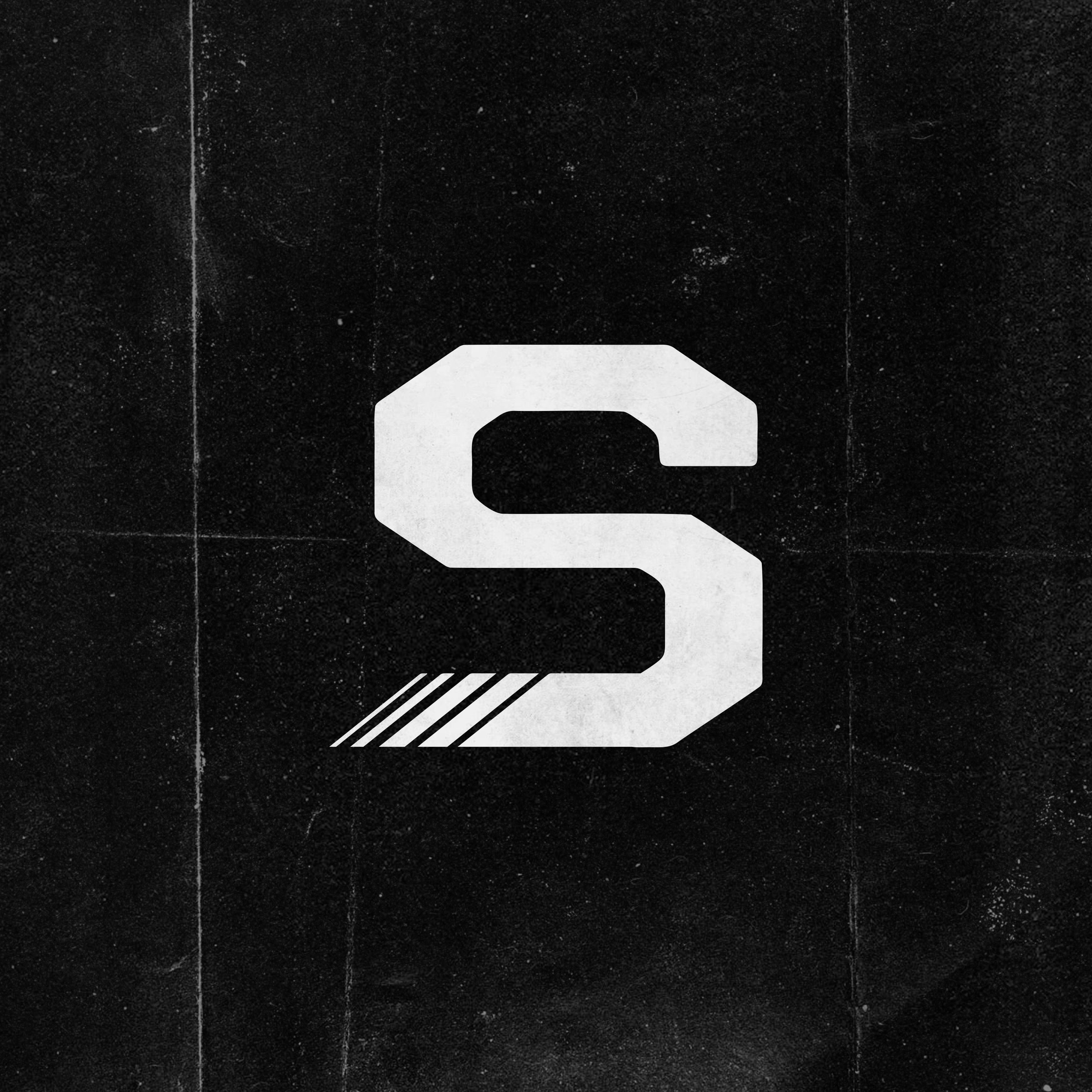 White letter S on a black background with diagonal lines underneath the bottom left corner of the letter.