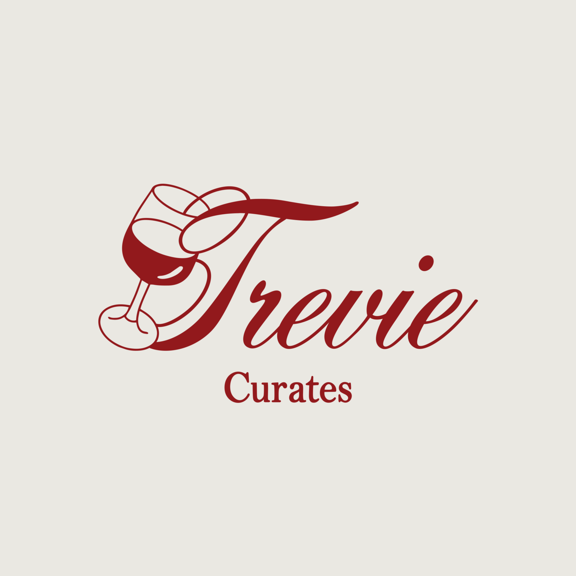 Logo for Trevi Curates featuring a stylized wine glass with a splash of wine and the text "Trevi" in cursive and "Curates" below.