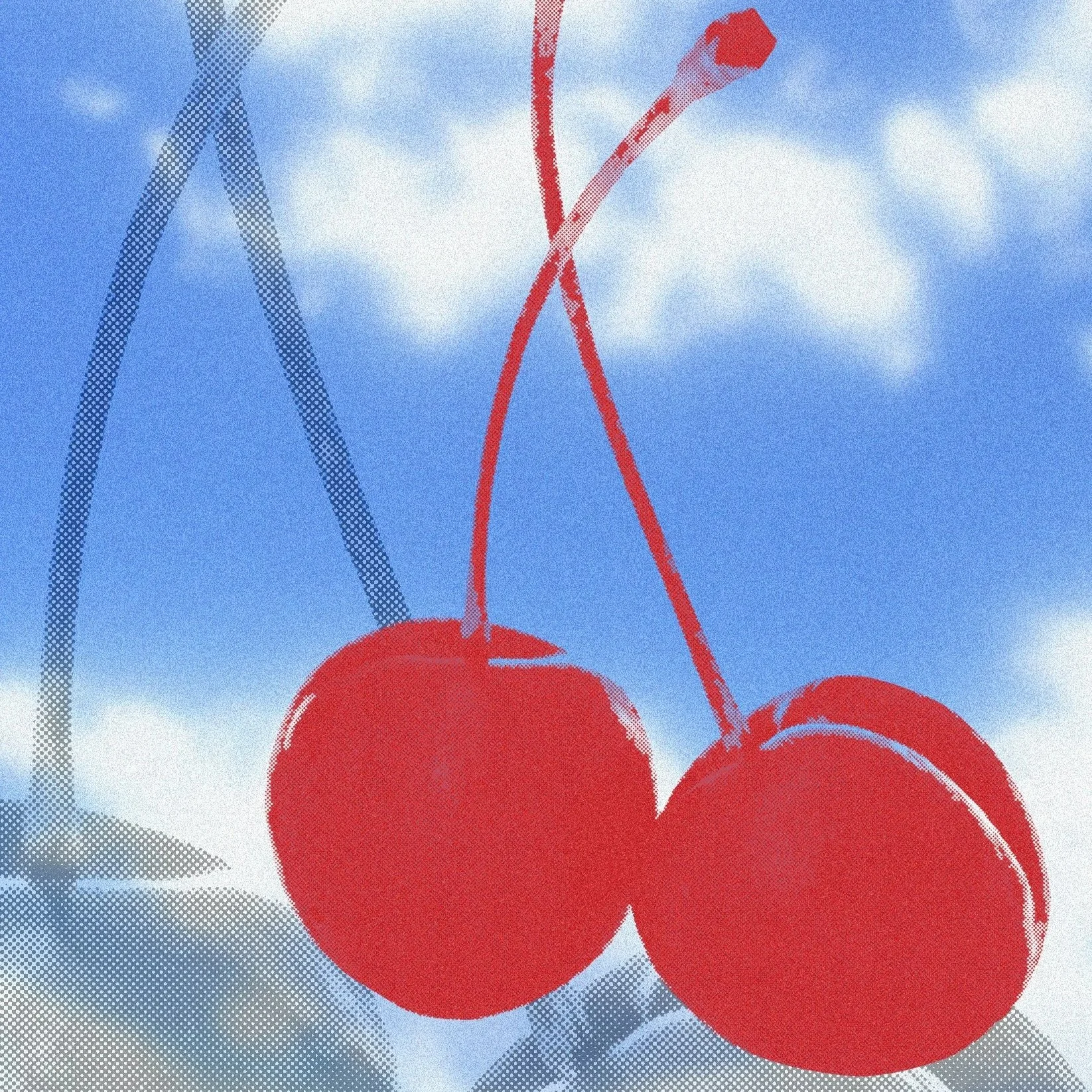 Close-up of two bright red cherries hanging from their stems against a blue sky with some clouds.