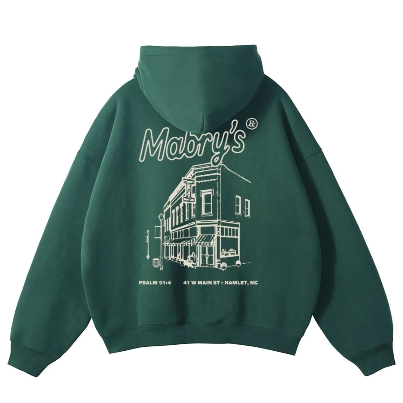 Green hoodie with white graphic of a building, the word 'Malory's', and a Bible verse reference, located at 41 W Main St, Hamlet, NC.