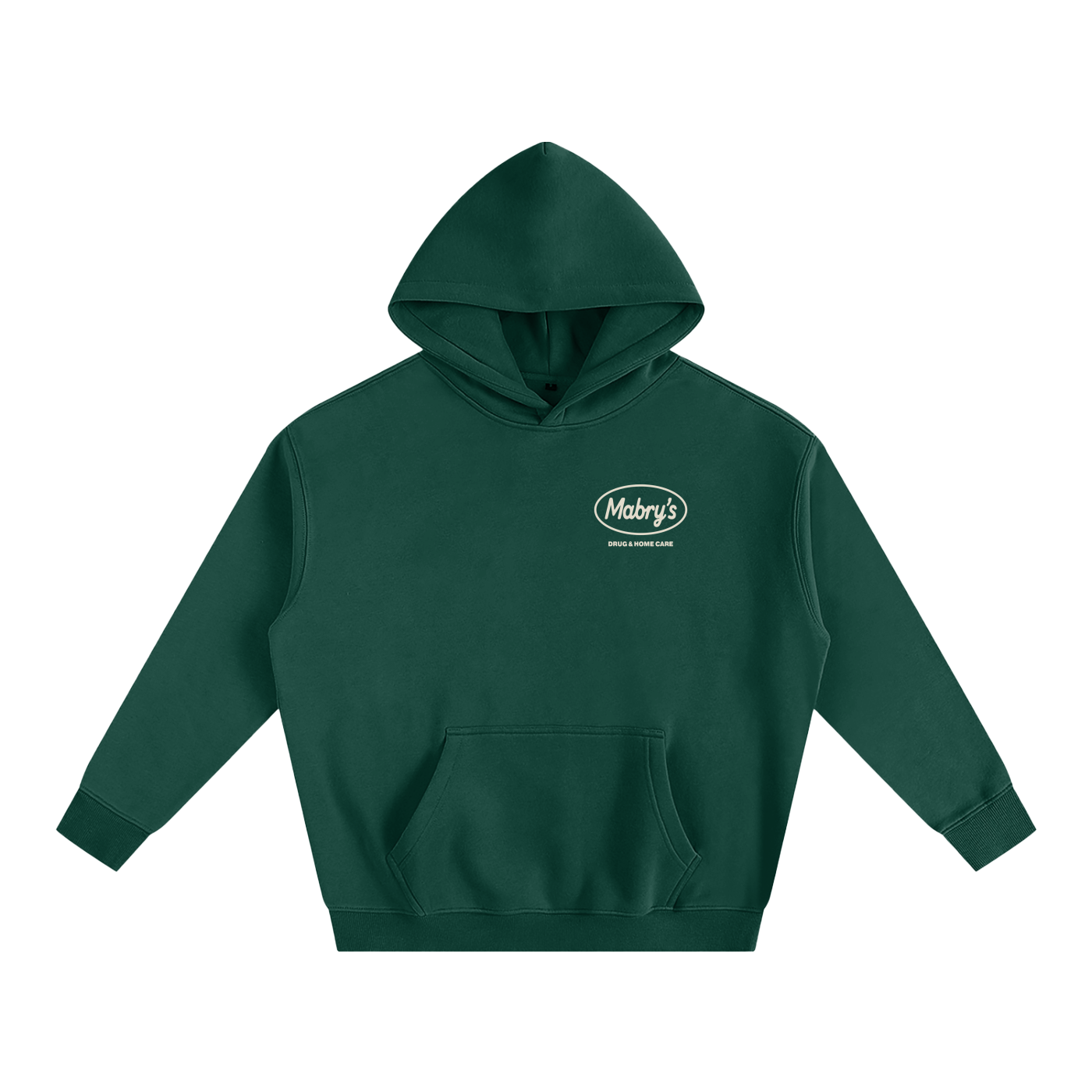 Green hooded sweatshirt with a front pocket and a logo reading 'Mabry's Drug & Home Care' on the chest.