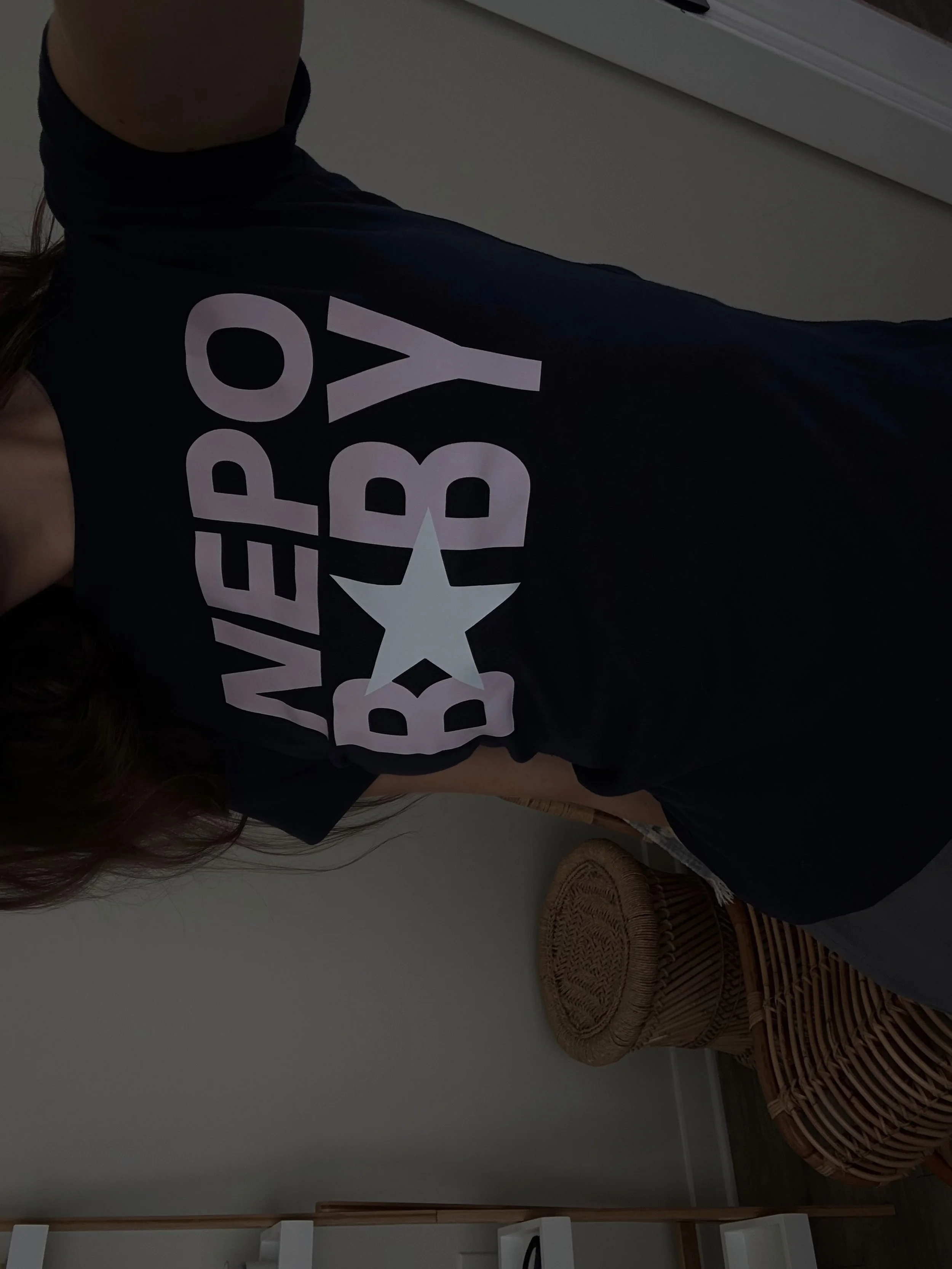 Short sleeve Christian baby tee, slim-fit in navy blue with a bold nepo baby design. My Father's Business, Christian aesthetic streetwear