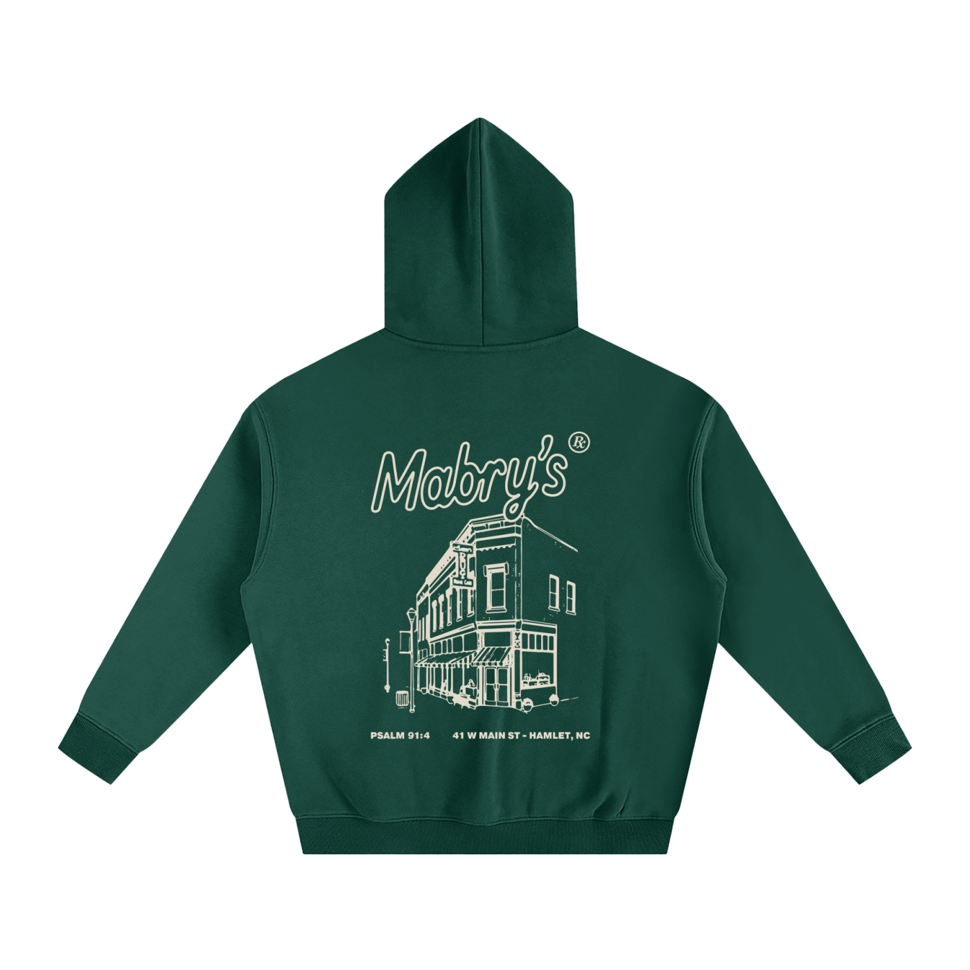 Green hoodie with the text 'Mabry's' and a line drawing of a building, along with address and Bible verse details.