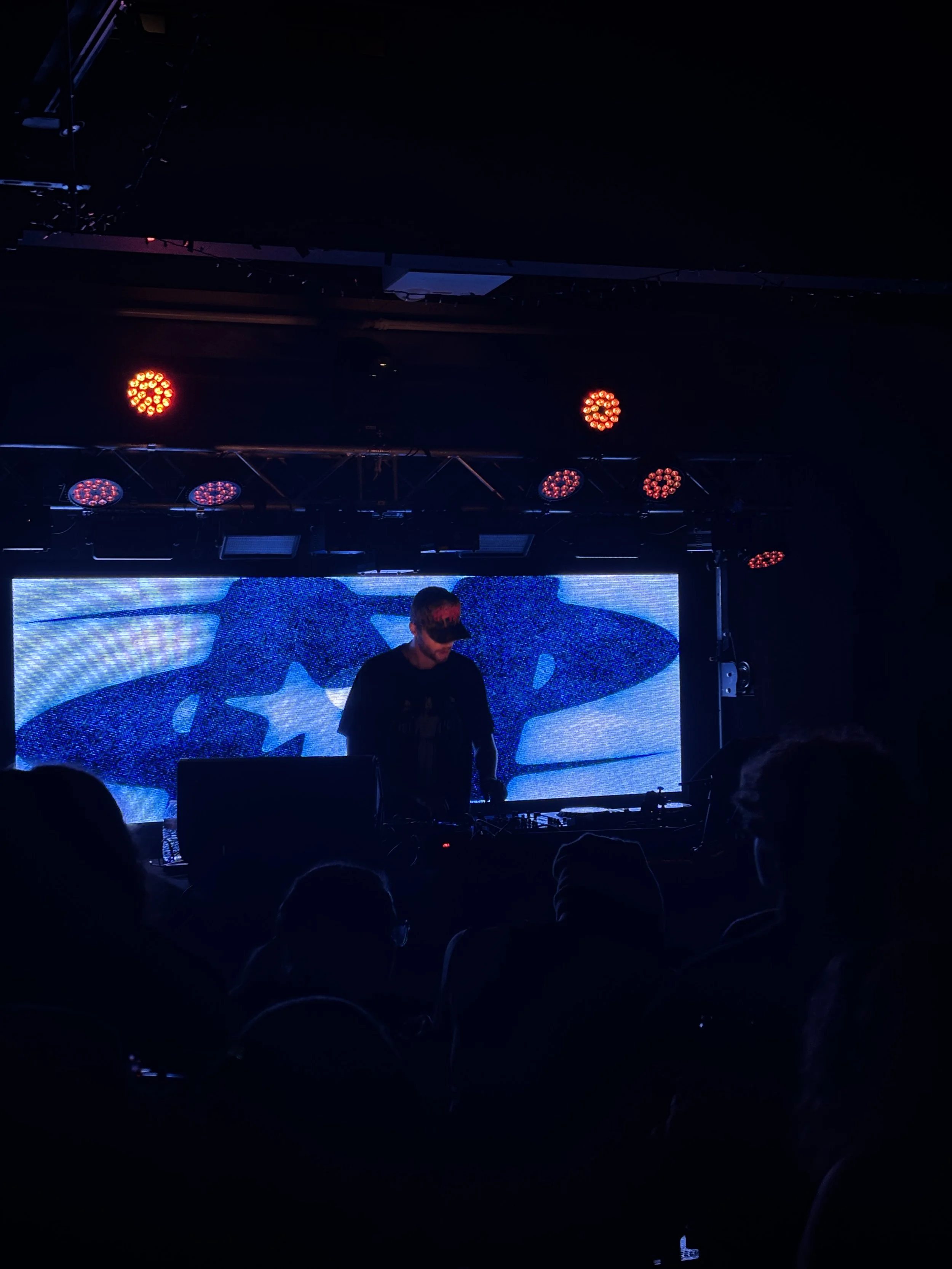 A DJ performing on stage with a large LED screen displaying a blue graphic behind him, illuminated by red stage lights, in a dark indoor venue with an audience.