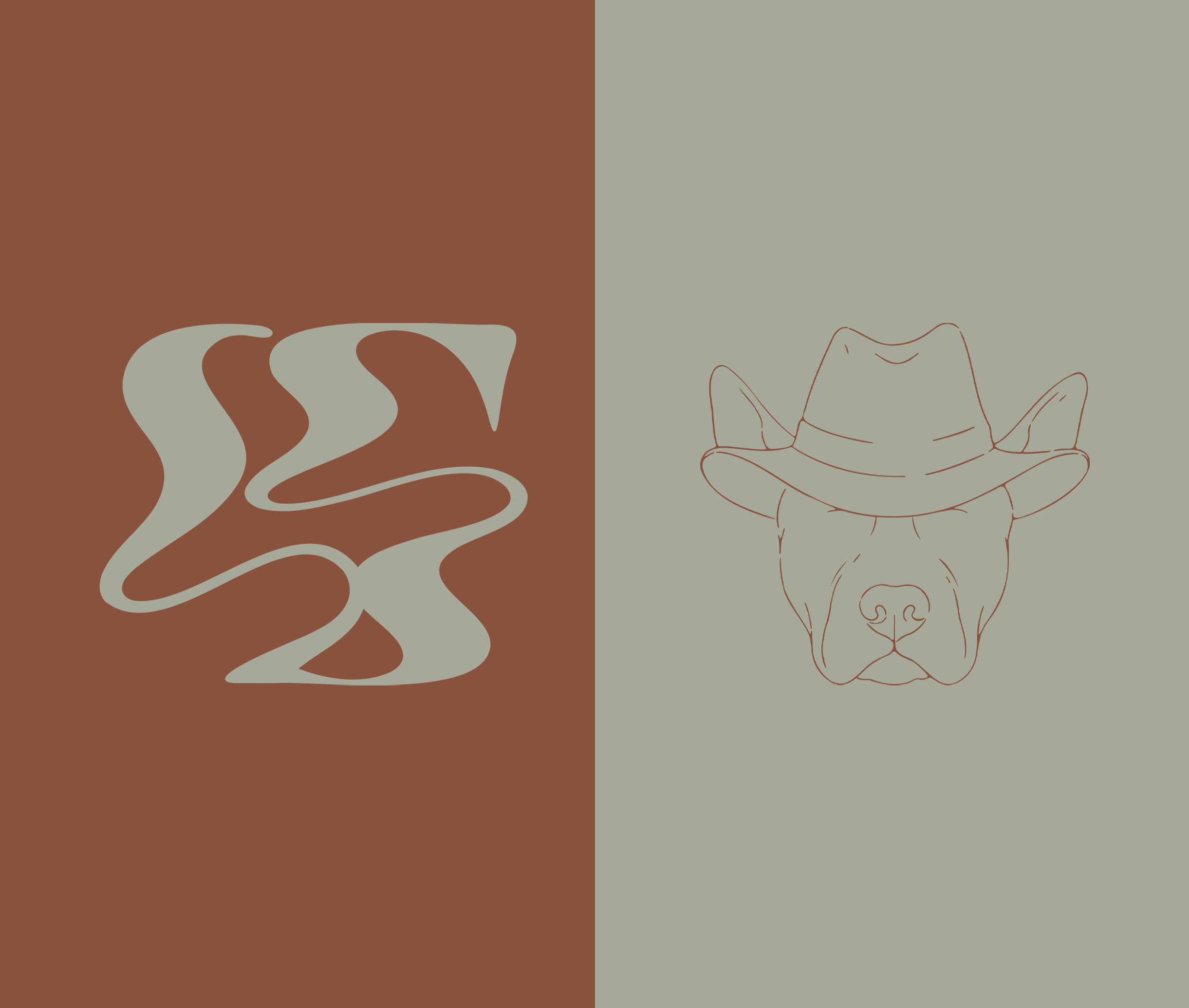 Minimalist abstract illustration with two halves: one showing a stylized brown smoke design on a beige background, the other a line drawing of a dog's face wearing a cowboy hat on a light grey background.