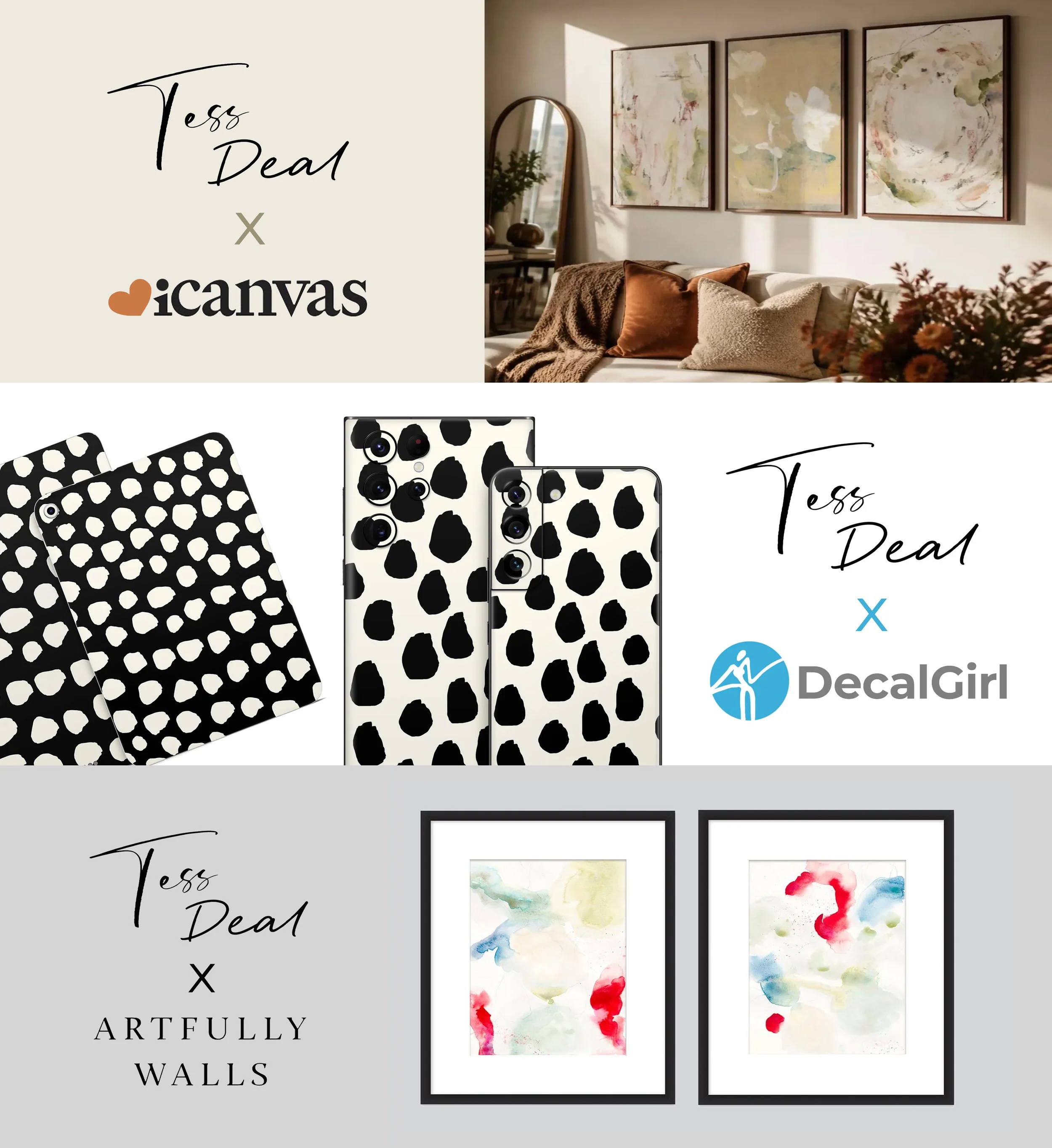 Tess Deal collaborations with iCanvas, DecalGirl and Artfully Walls