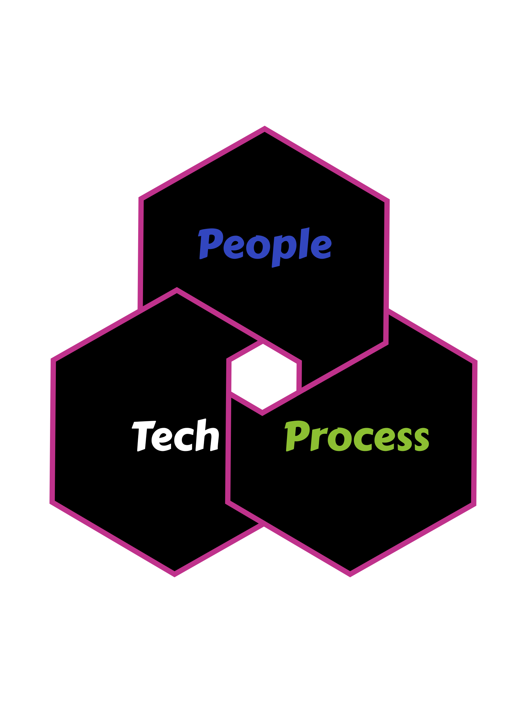 Venn diagram with three overlapping hexagons labeled 'People' in blue, 'Tech' in white, and 'Process' in green on a black background.