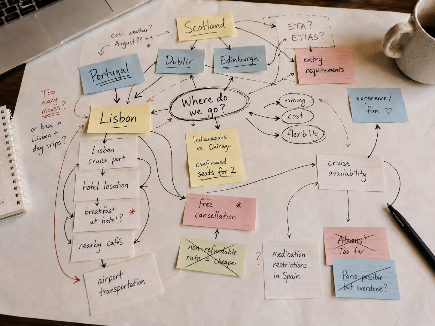Hand-created cluster map showing interconnected last-minute travel planning questions about destinations, airfare, timing, entry requirements, hotels, and cruise options.