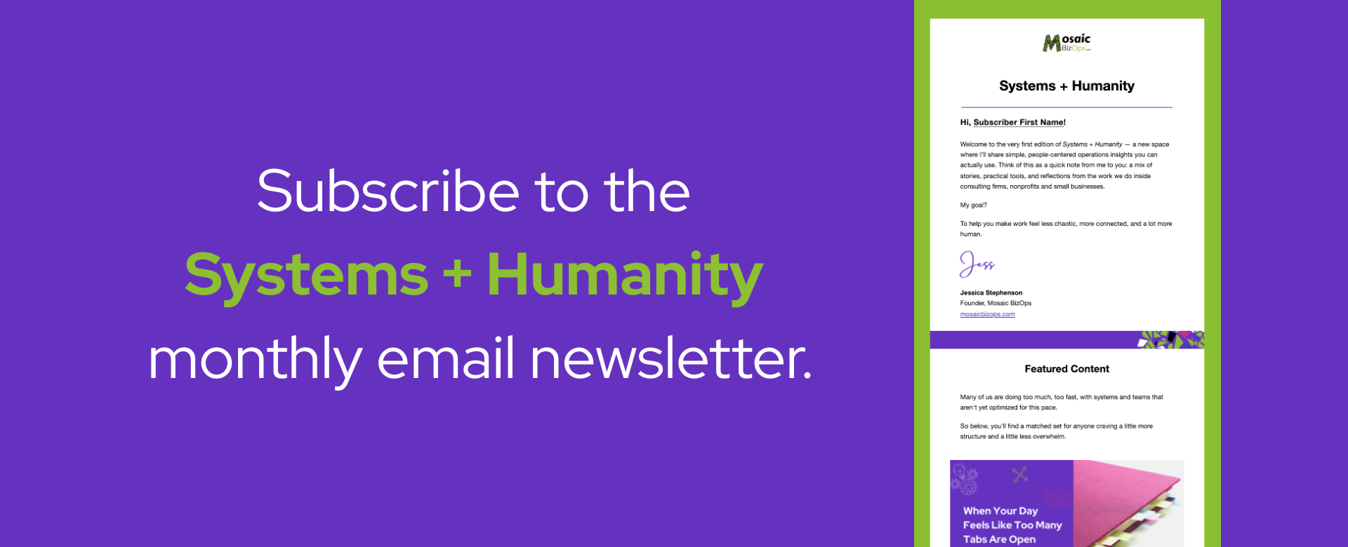 Banner inviting readers to subscribe to the Systems + Humanity newsletter.