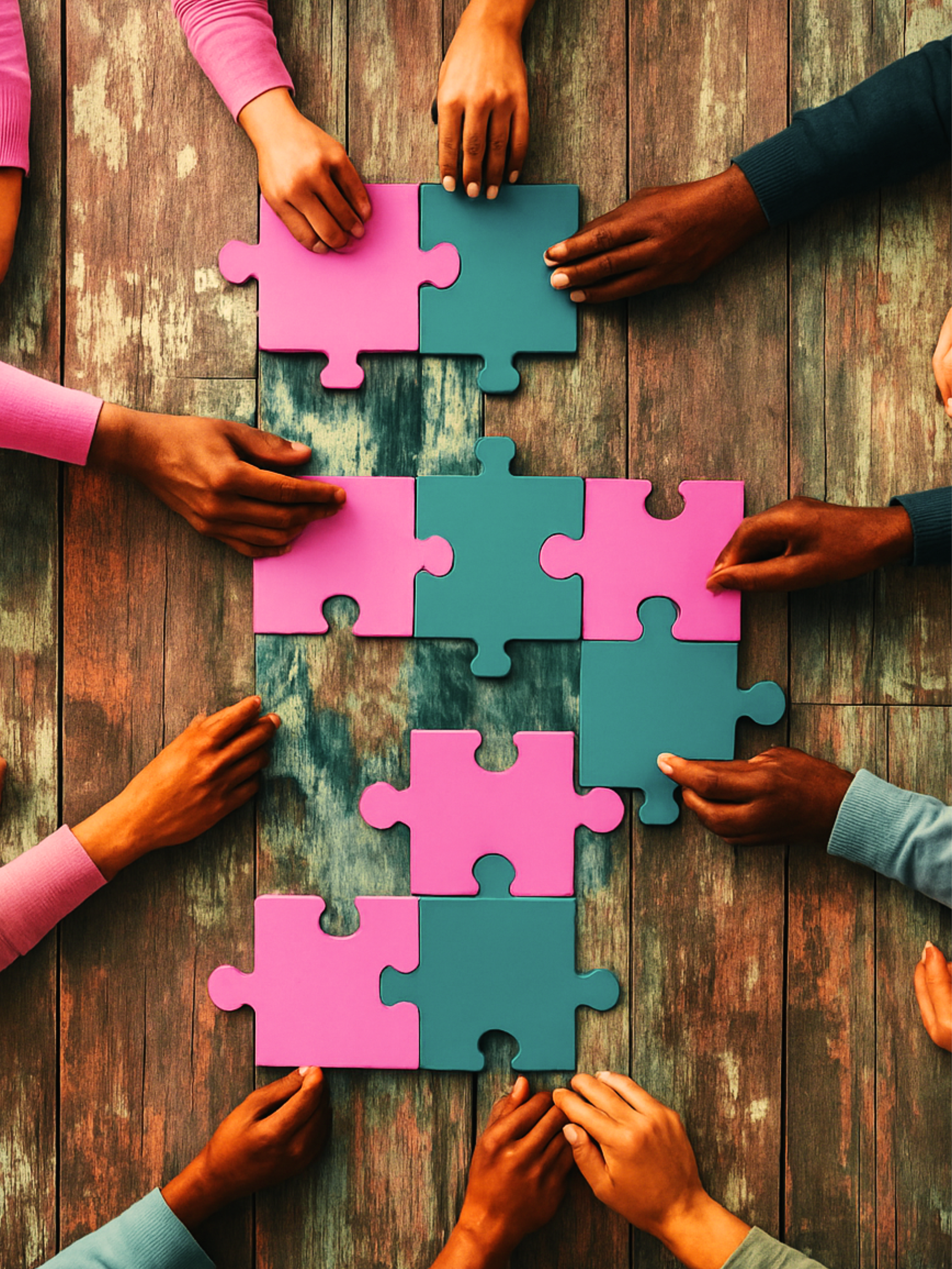 Image of peoples' hands assembling puzzle pieces.